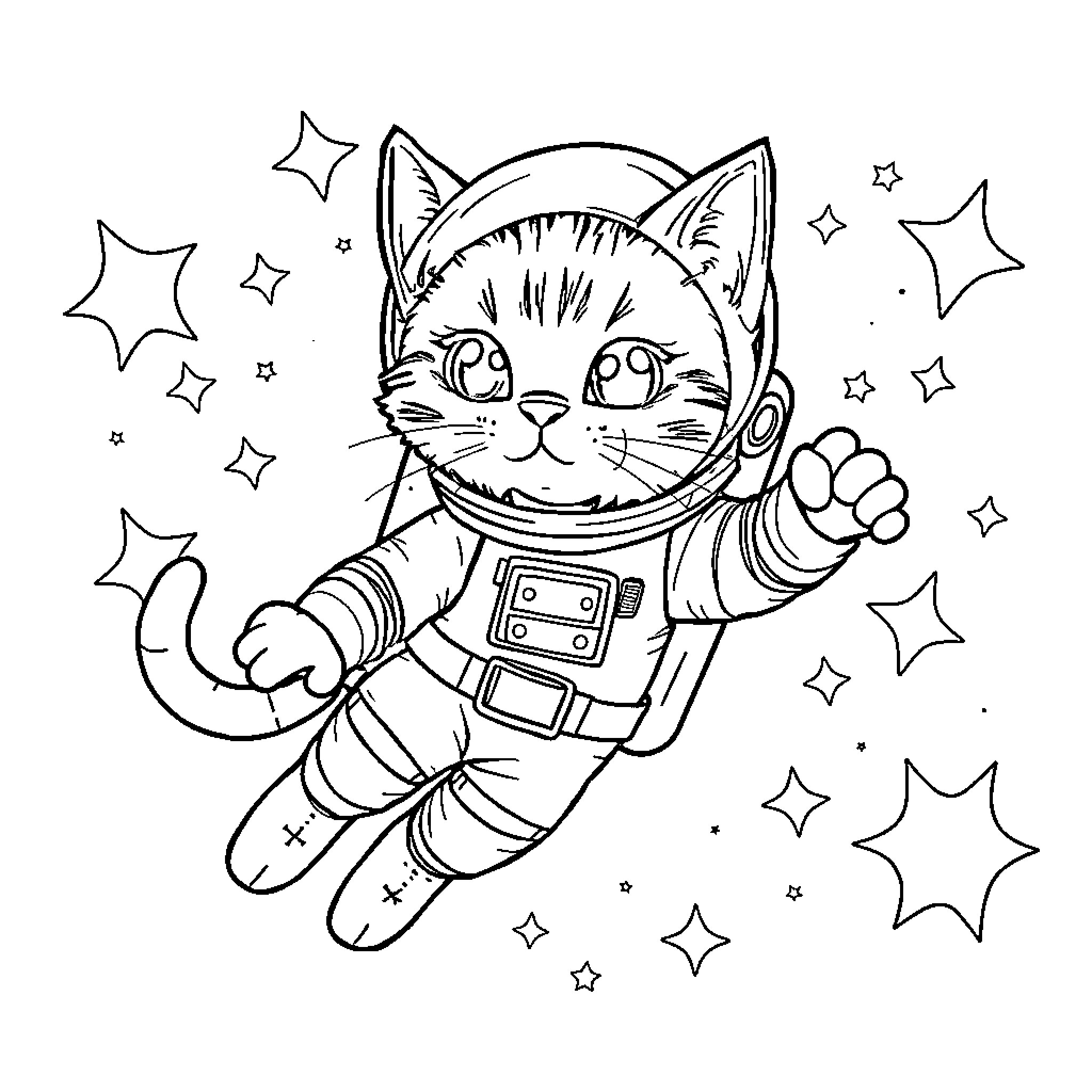 Astronaut Cat Exploring the Cosmos Coloring Page (free black-and-white line drawing printable PDF for all, from beginners to advanced learners, including children, teens, adults, and seniors)