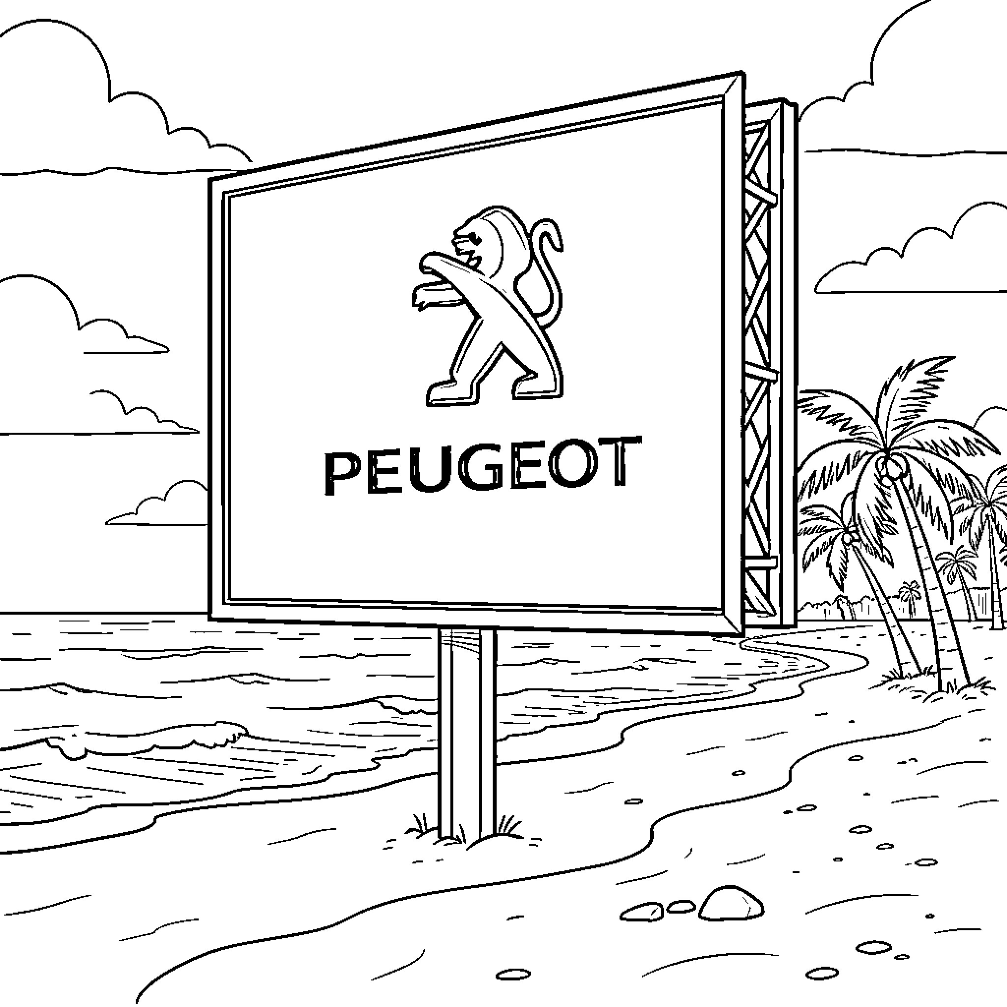 Peugeot billboard standing on a tropical beach Coloring Page (free black-and-white line drawing printable PDF for all, from beginners to advanced learners, including children, teens, adults, and seniors)