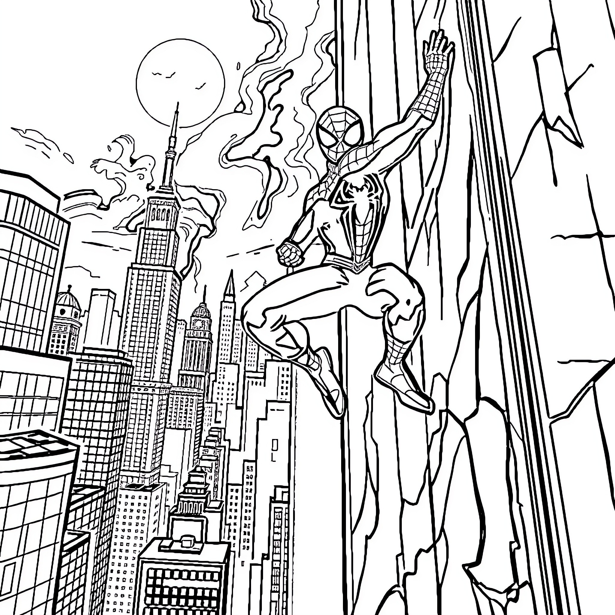 Spiderman swinging through the city skyline Coloring Page (free black-and-white line drawing printable PDF for all, from beginners to advanced learners, including children, teens, adults, and seniors)