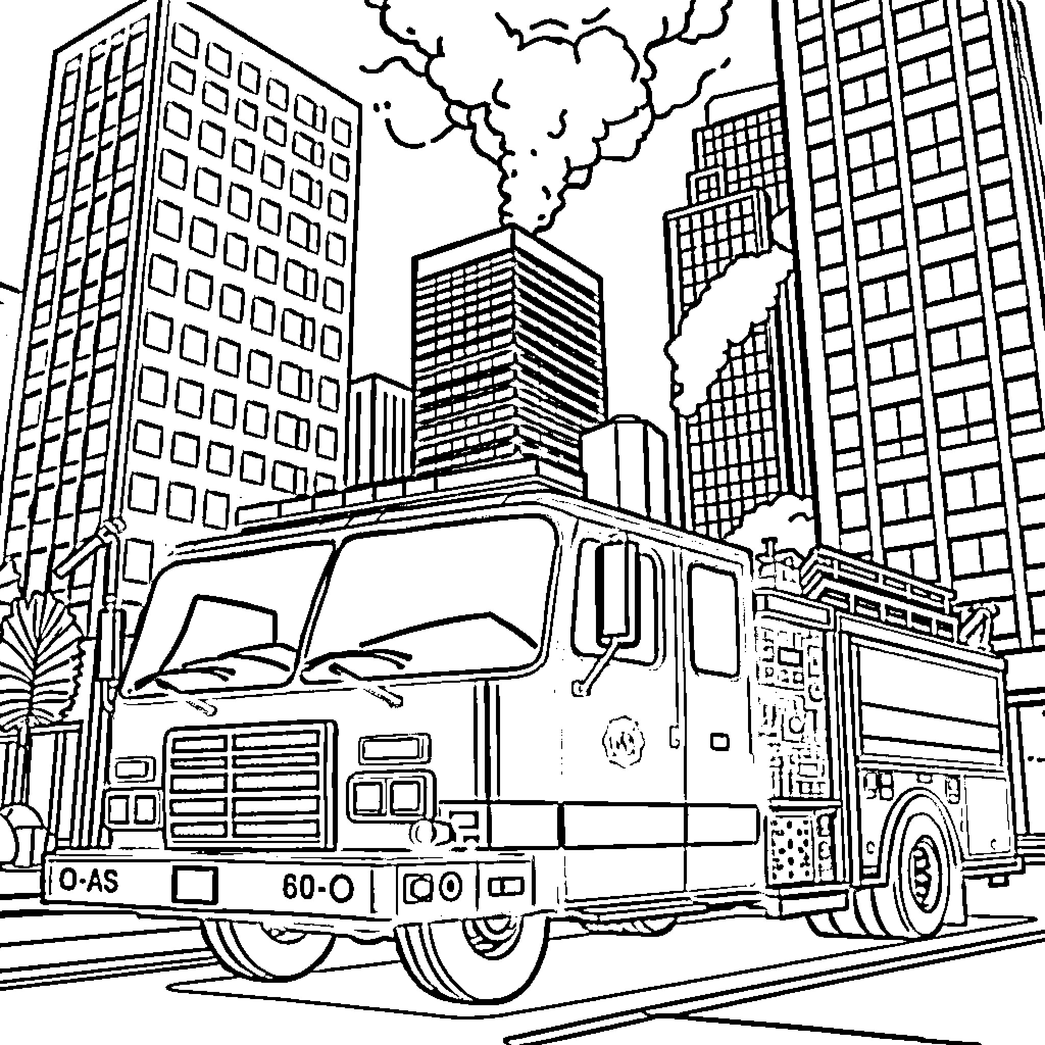 Firetruck rushing through the busy city streets Coloring Page (free black-and-white line drawing printable PDF for all, from beginners to advanced learners, including children, teens, adults, and seniors)
