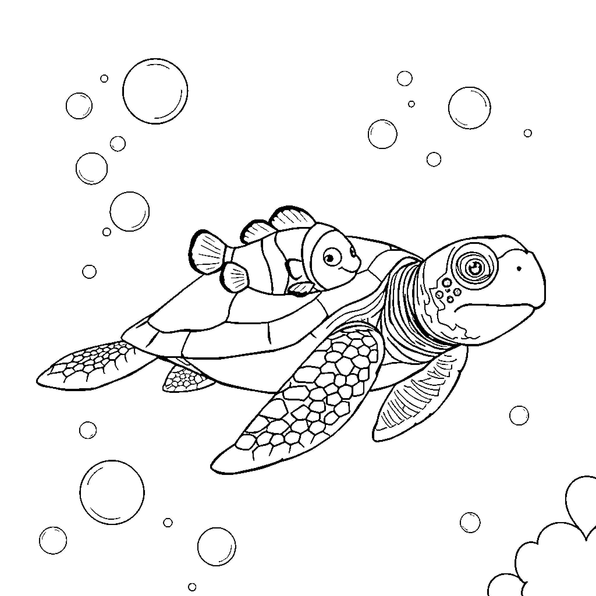 Nemo and his aquatic friends in the deep sea Coloring Page (free black-and-white line drawing printable PDF for all, from beginners to advanced learners, including children, teens, adults, and seniors)
