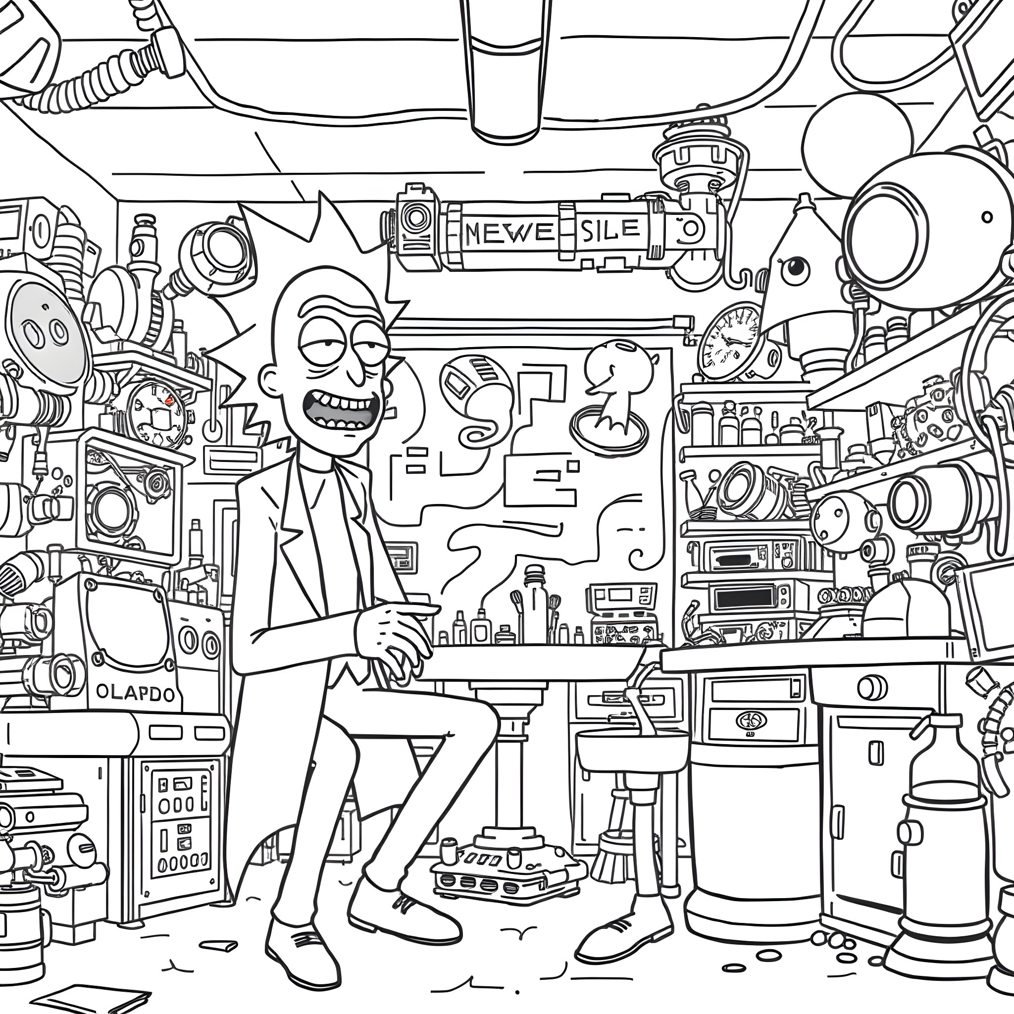 Rick And Morty in a Chaotic Garage Adventure Coloring Page (free black-and-white line drawing printable PDF for all, from beginners to advanced learners, including children, teens, adults, and seniors)