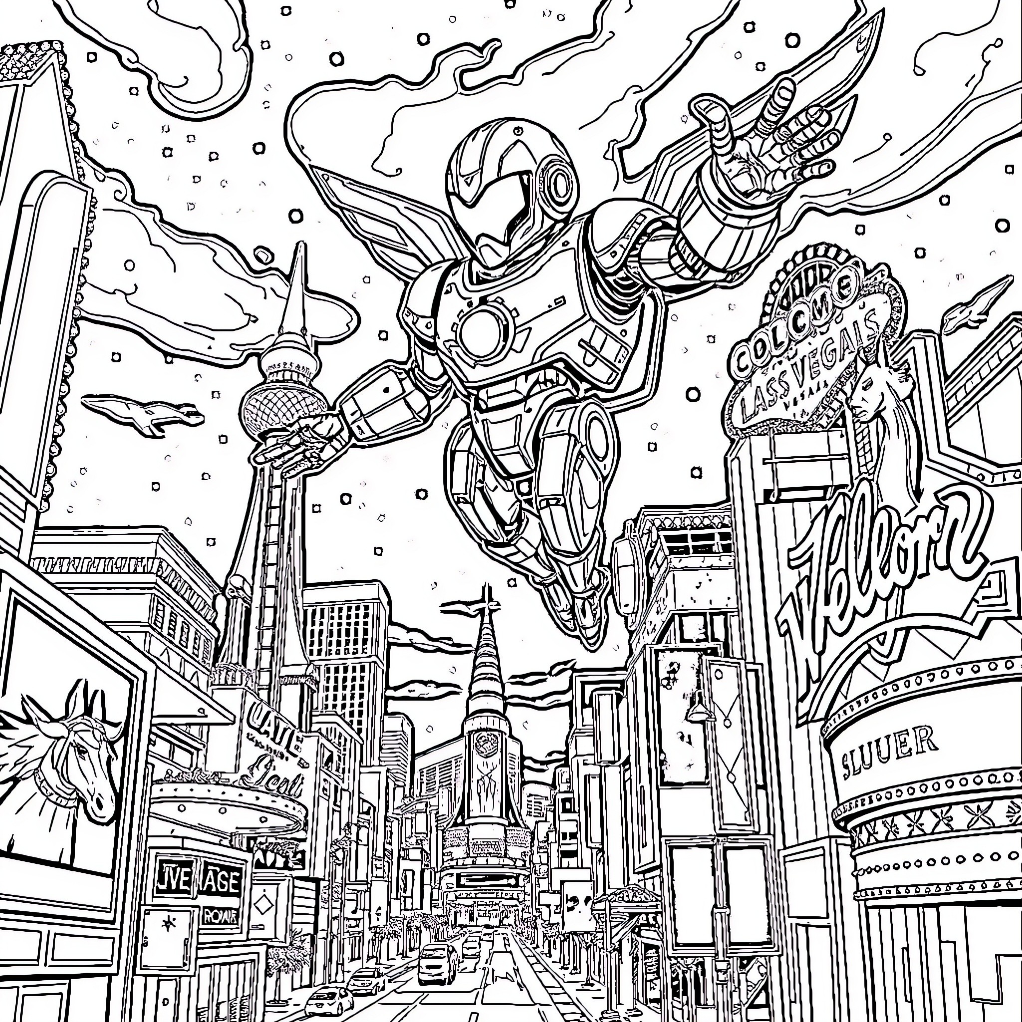 Robot exploring futuristic cityscape Coloring Page (free black-and-white line drawing printable PDF for all, from beginners to advanced learners, including children, teens, adults, and seniors)