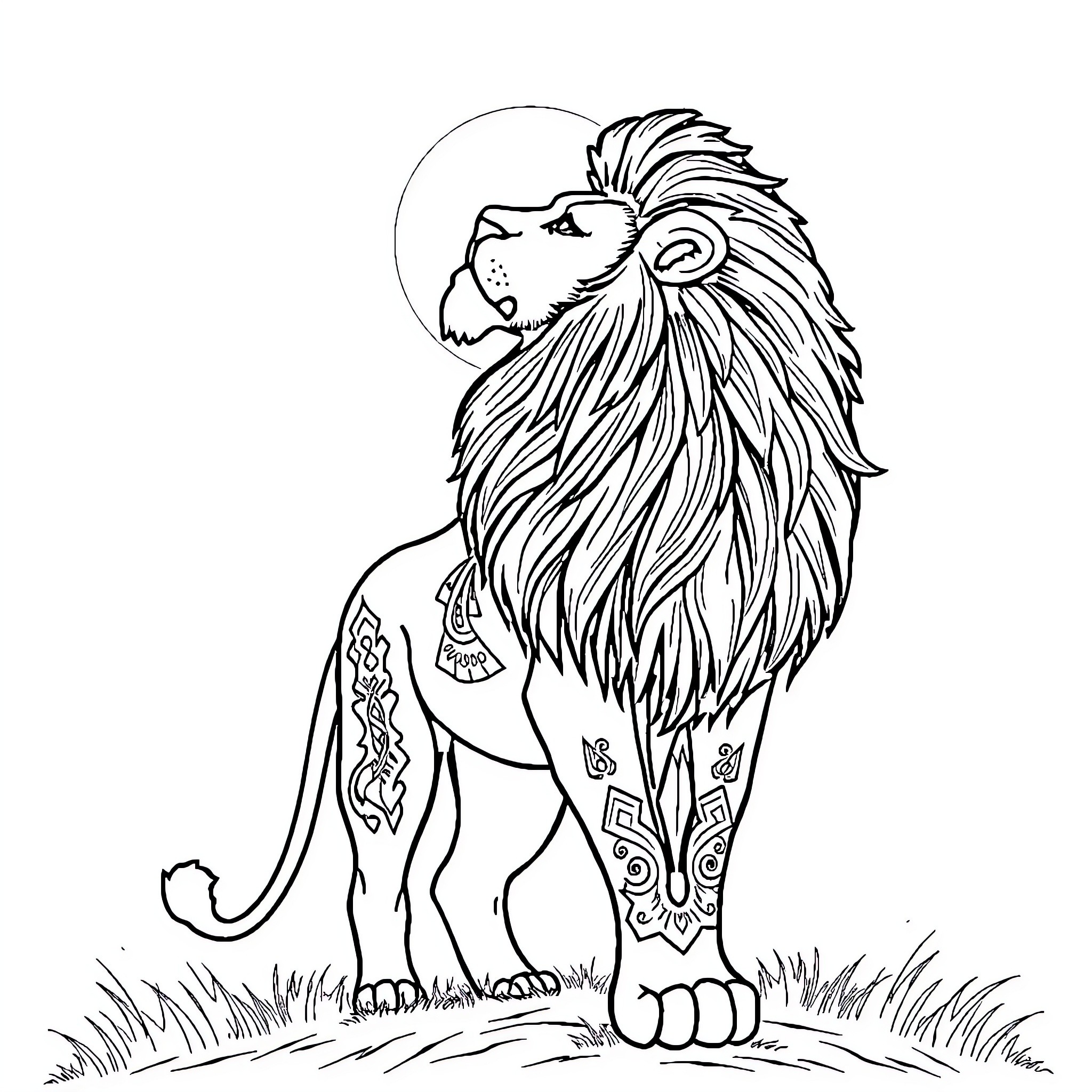 Lion with ornate patterns on its body Coloring Page (free black-and-white line drawing printable PDF for all, from beginners to advanced learners, including children, teens, adults, and seniors)