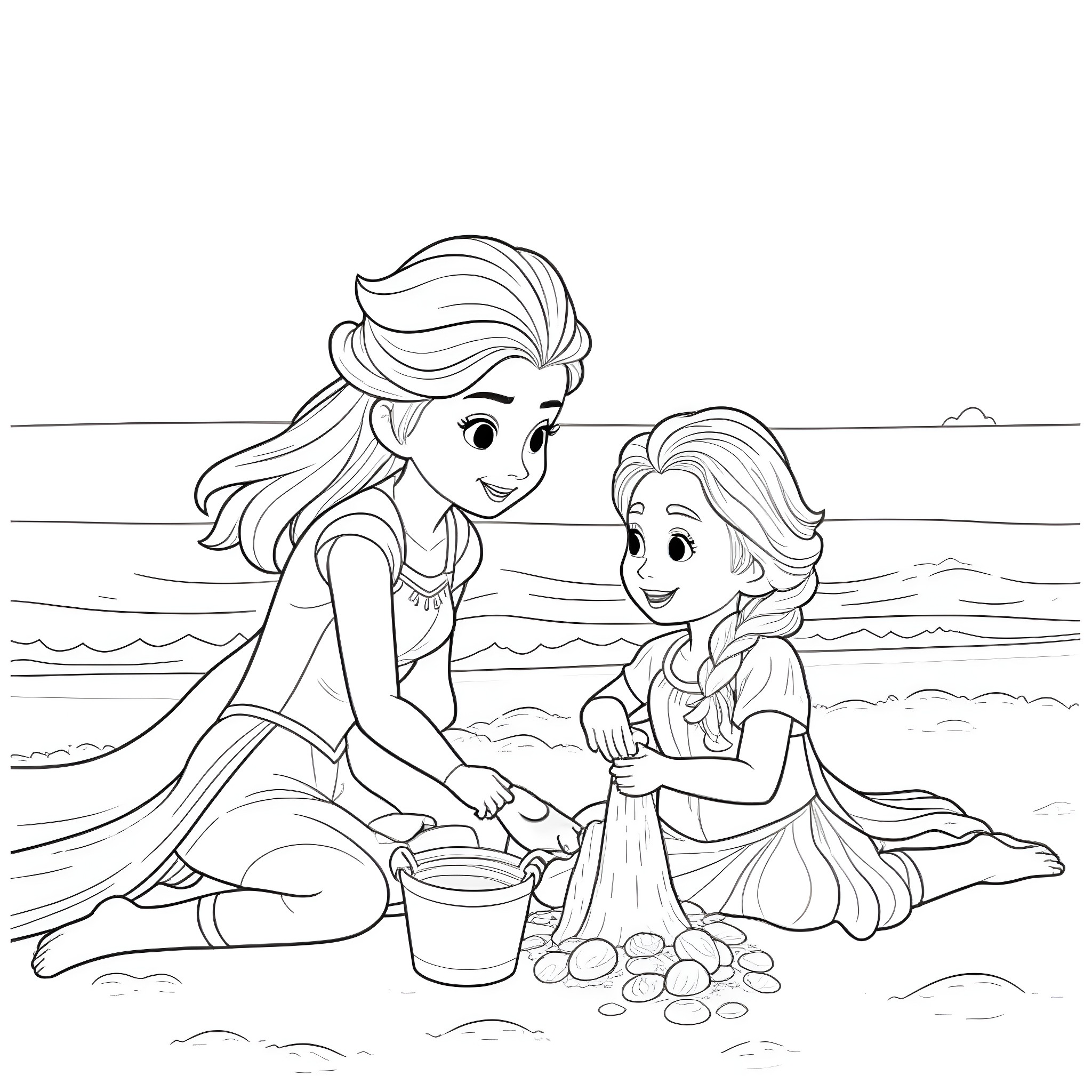 Elsa and Anna playing together on the beach Coloring Page (free black-and-white line drawing printable PDF for all, from beginners to advanced learners, including children, teens, adults, and seniors)
