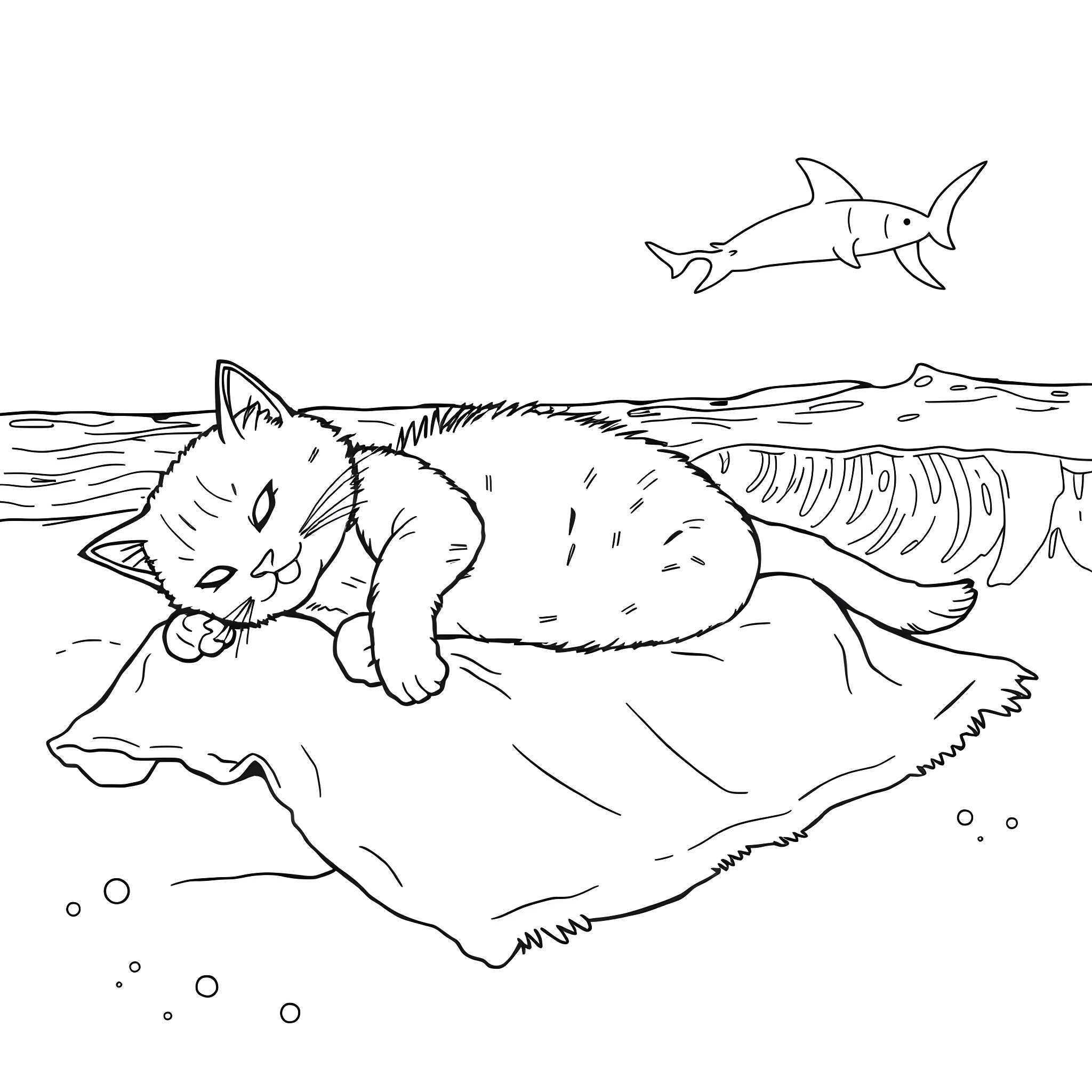 Cat resting peacefully by the ocean Coloring Page (free black-and-white line drawing printable PDF for all, from beginners to advanced learners, including children, teens, adults, and seniors)