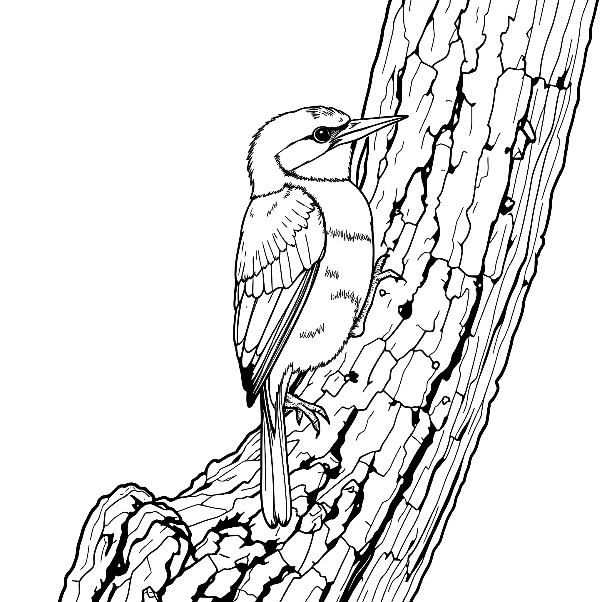 Dacnis Bird Perched on Tree Bark Coloring Page (free black-and-white line drawing printable PDF for all, from beginners to advanced learners, including children, teens, adults, and seniors)