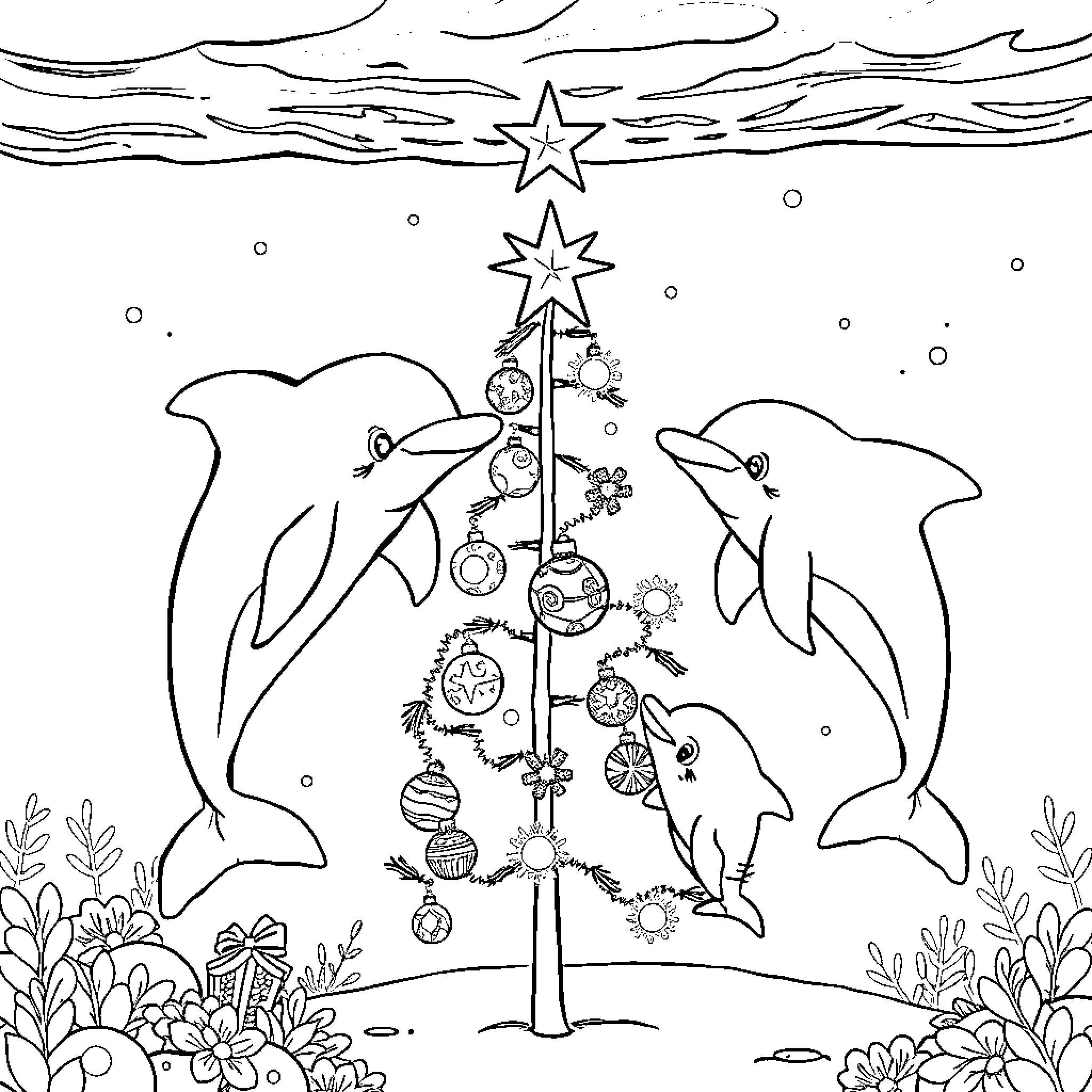 Dolphins decorating holiday tree in the ocean Coloring Page (free black-and-white line drawing printable PDF for all, from beginners to advanced learners, including children, teens, adults, and seniors)