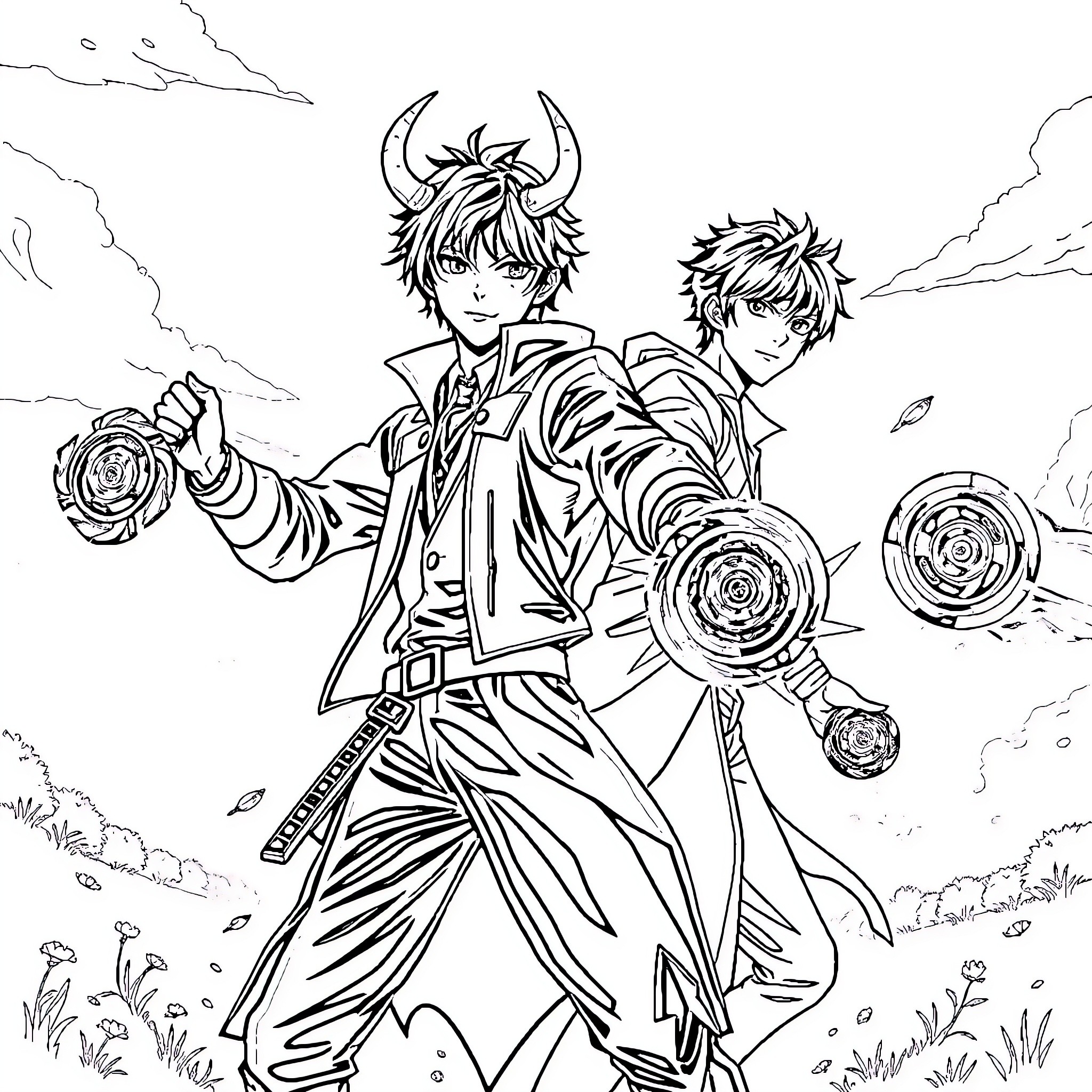 Saja Boys Battling with Magical Orbs in Stormy Landscape Coloring Page (free black-and-white line drawing printable PDF for all, from beginners to advanced learners, including children, teens, adults, and seniors)
