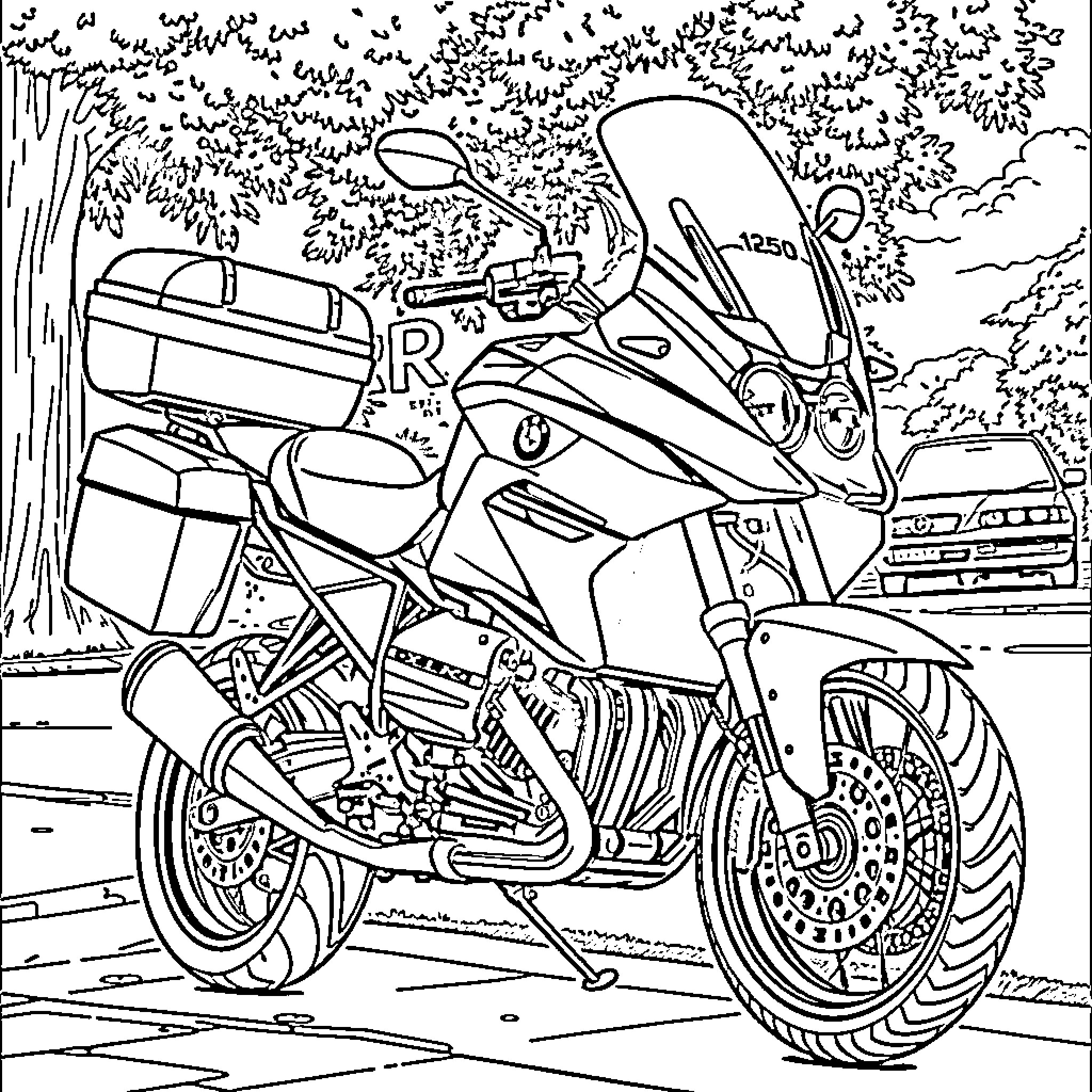 BMW R 1250 RT motorcycle on the road Coloring Page (free black-and-white line drawing printable PDF for all, from beginners to advanced learners, including children, teens, adults, and seniors)