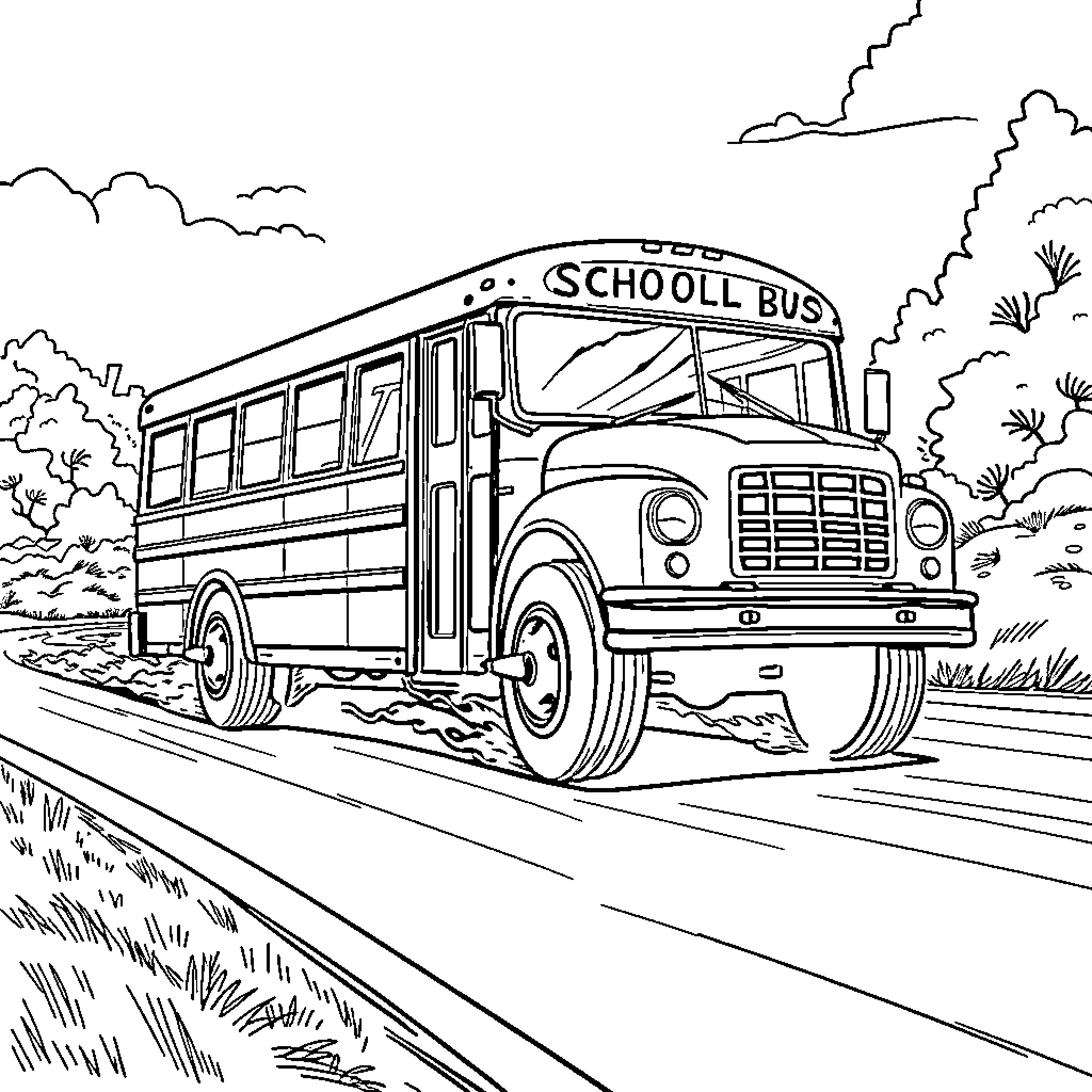 Bus transporting students on a rural road Coloring Page (free black-and-white line drawing printable PDF for all, from beginners to advanced learners, including children, teens, adults, and seniors)