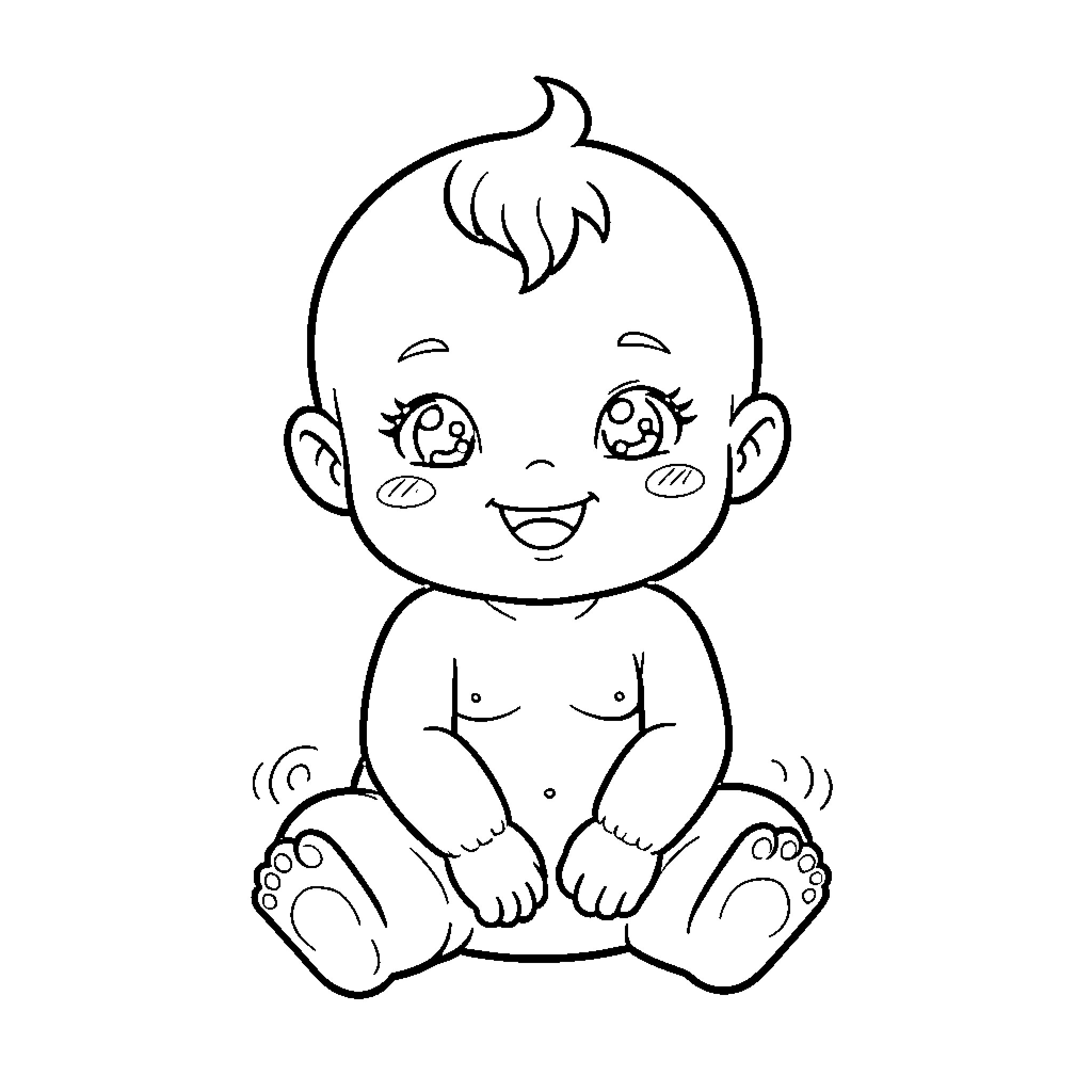 Pou sitting happily with big smile Coloring Page (free black-and-white line drawing printable PDF for all, from beginners to advanced learners, including children, teens, adults, and seniors)