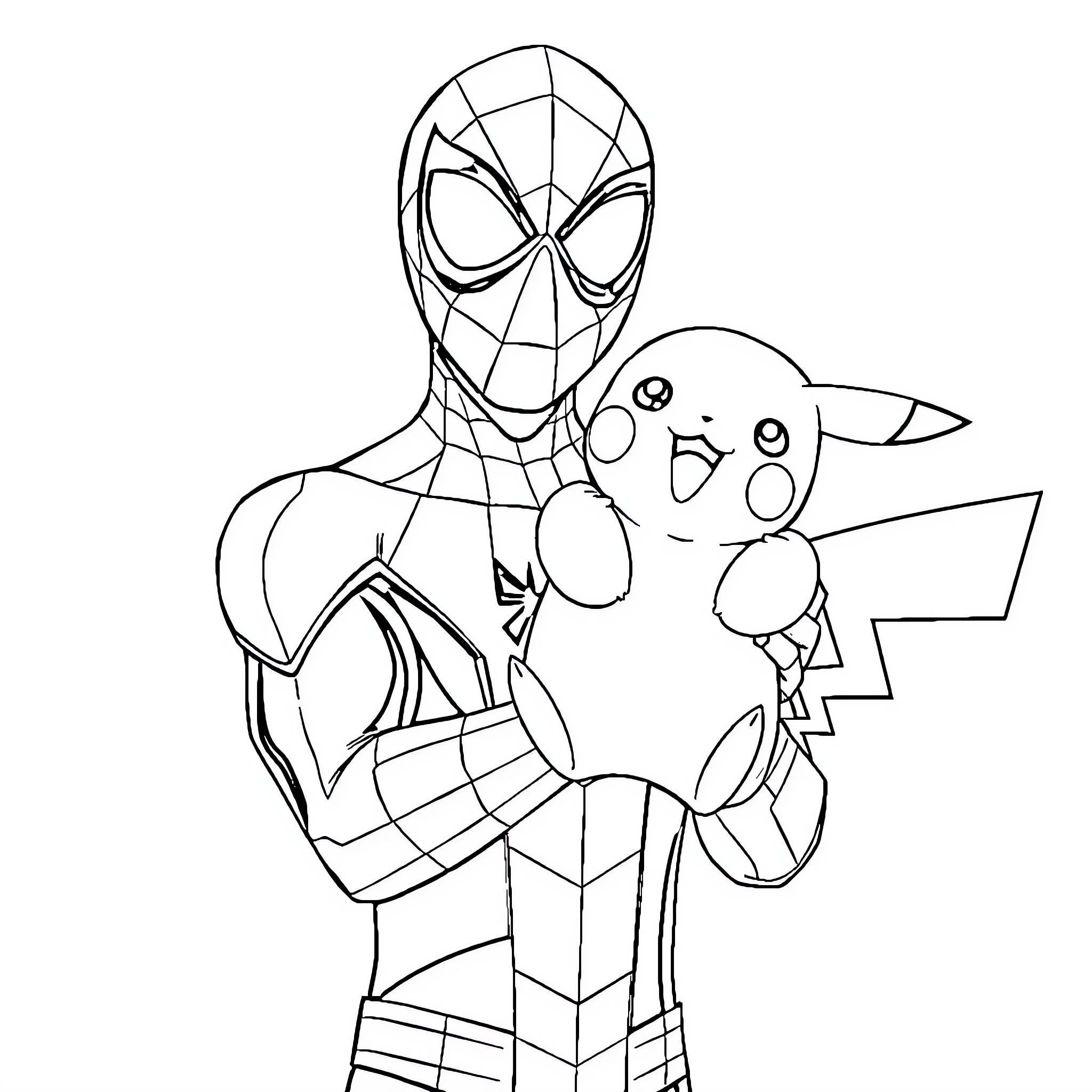 Spider-Man and Pikachu playing together Coloring Page (free black-and-white line drawing printable PDF for all, from beginners to advanced learners, including children, teens, adults, and seniors)