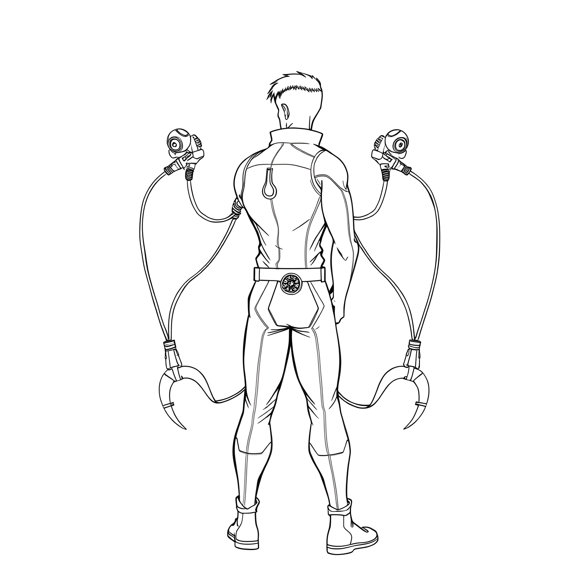 Man with robotic equipment on his back Coloring Page (free black-and-white line drawing printable PDF for all, from beginners to advanced learners, including children, teens, adults, and seniors)