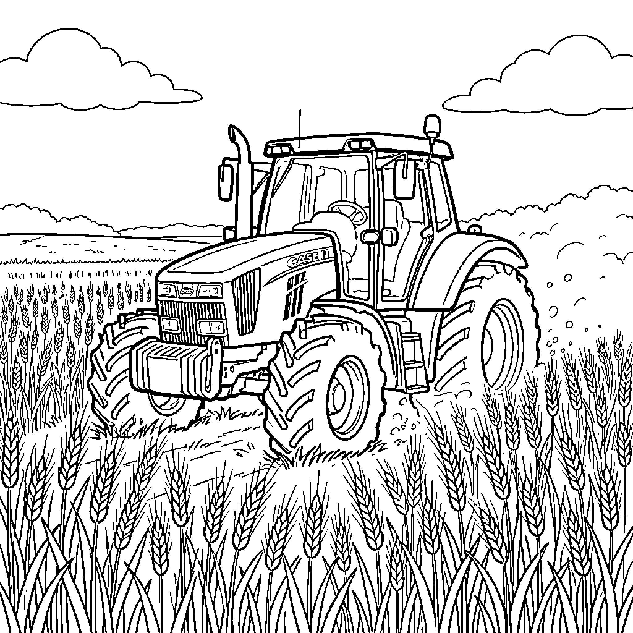 Tractor working in a vast field of wheat Coloring Page (free black-and-white line drawing printable PDF for all, from beginners to advanced learners, including children, teens, adults, and seniors)