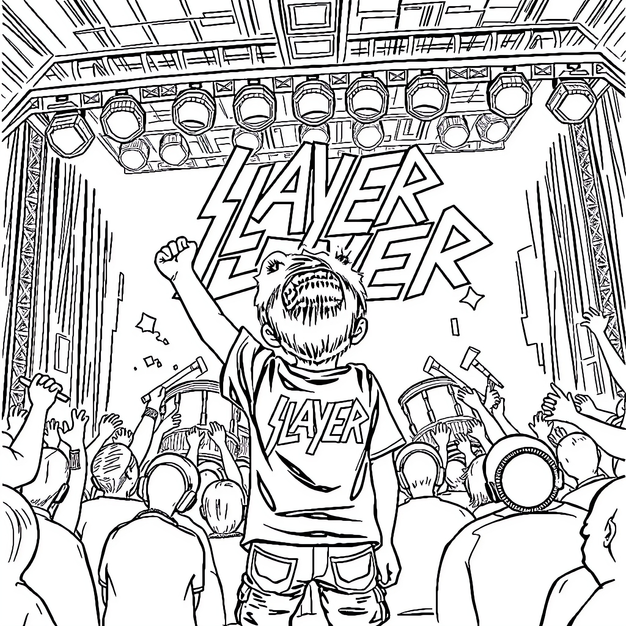 Kid rocking out at the Slayer concert Coloring Page (free black-and-white line drawing printable PDF for all, from beginners to advanced learners, including children, teens, adults, and seniors)
