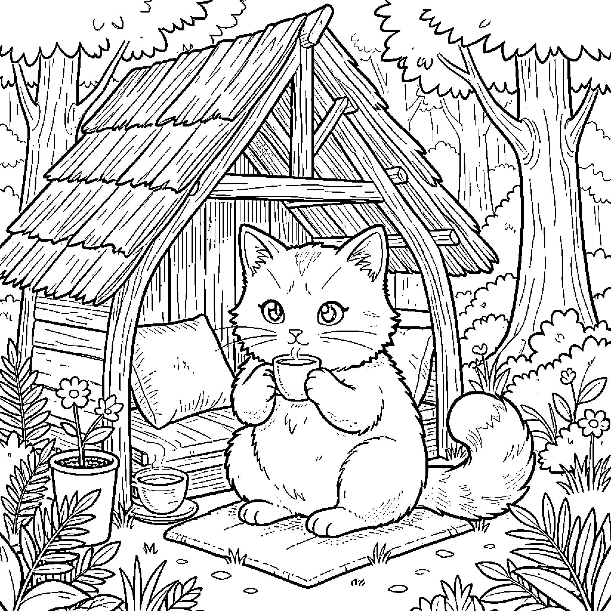 Cat in a cozy cottage in the forest Coloring Page (free black-and-white line drawing printable PDF for all, from beginners to advanced learners, including children, teens, adults, and seniors)