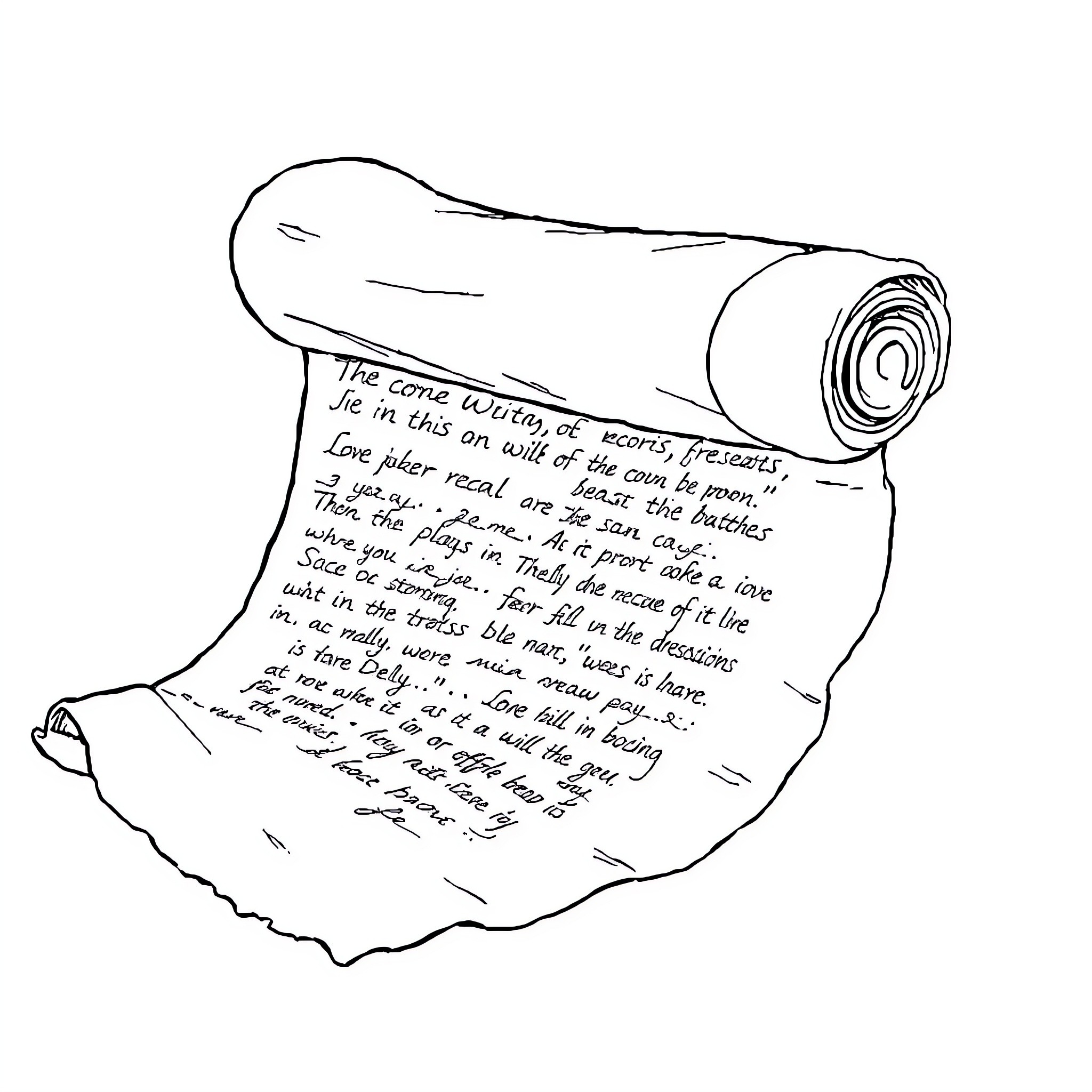 Scroll of Cursive Text with Handwritten Message Coloring Page (free black-and-white line drawing printable PDF for all, from beginners to advanced learners, including children, teens, adults, and seniors)