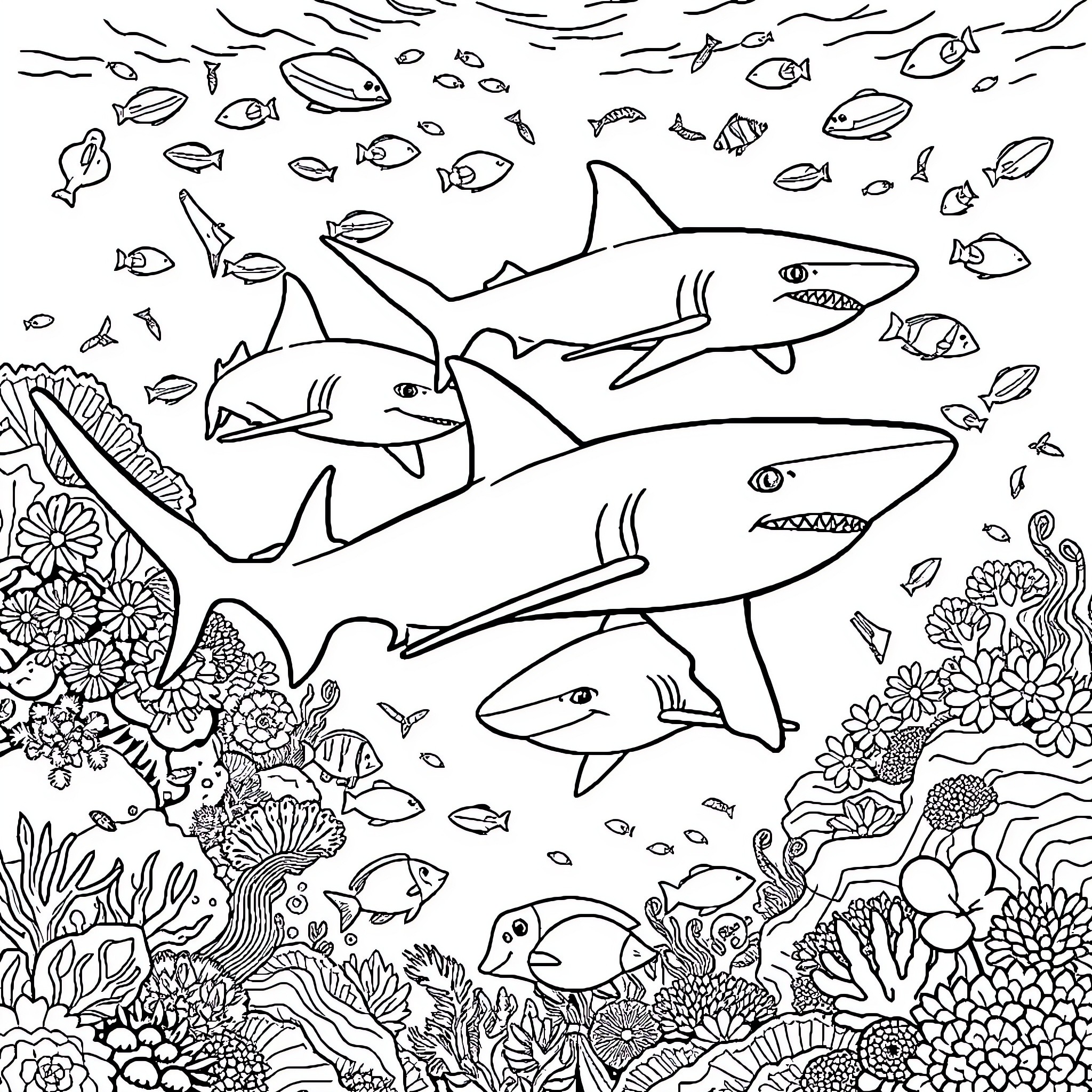 Shark swimming in the colorful underwater world Coloring Page (free black-and-white line drawing printable PDF for all, from beginners to advanced learners, including children, teens, adults, and seniors)