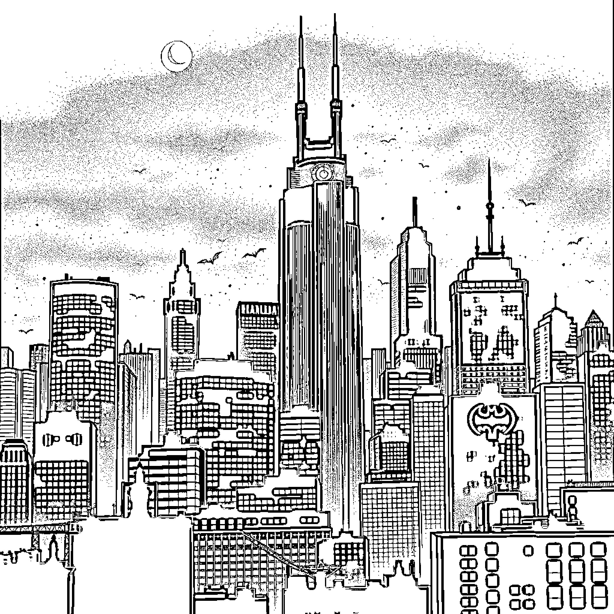 Gotham City skyline with towering buildings and cityscape Coloring Page (free black-and-white line drawing printable PDF for all, from beginners to advanced learners, including children, teens, adults, and seniors)