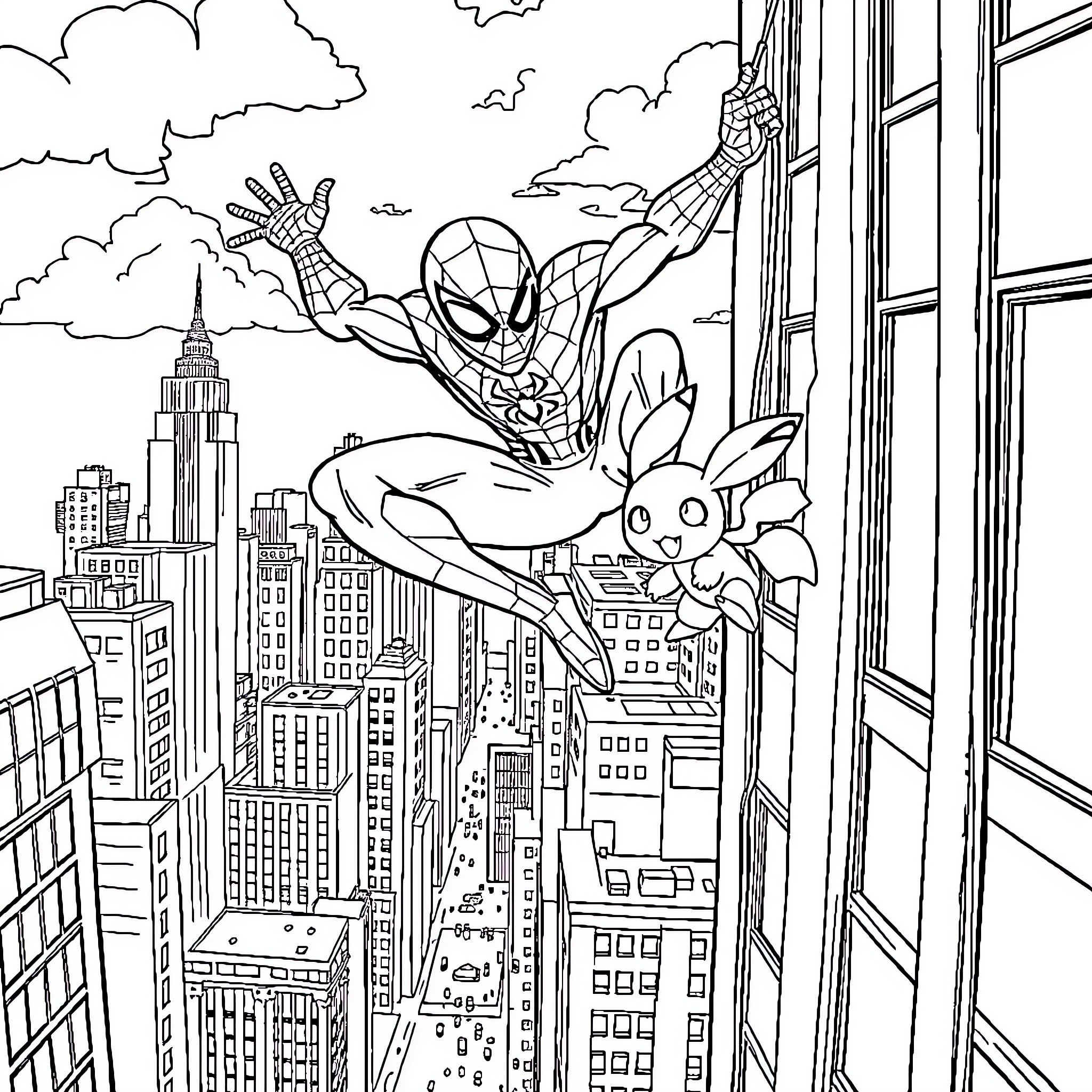 Spiderman swinging through the city skyline Coloring Page (free black-and-white line drawing printable PDF for all, from beginners to advanced learners, including children, teens, adults, and seniors)