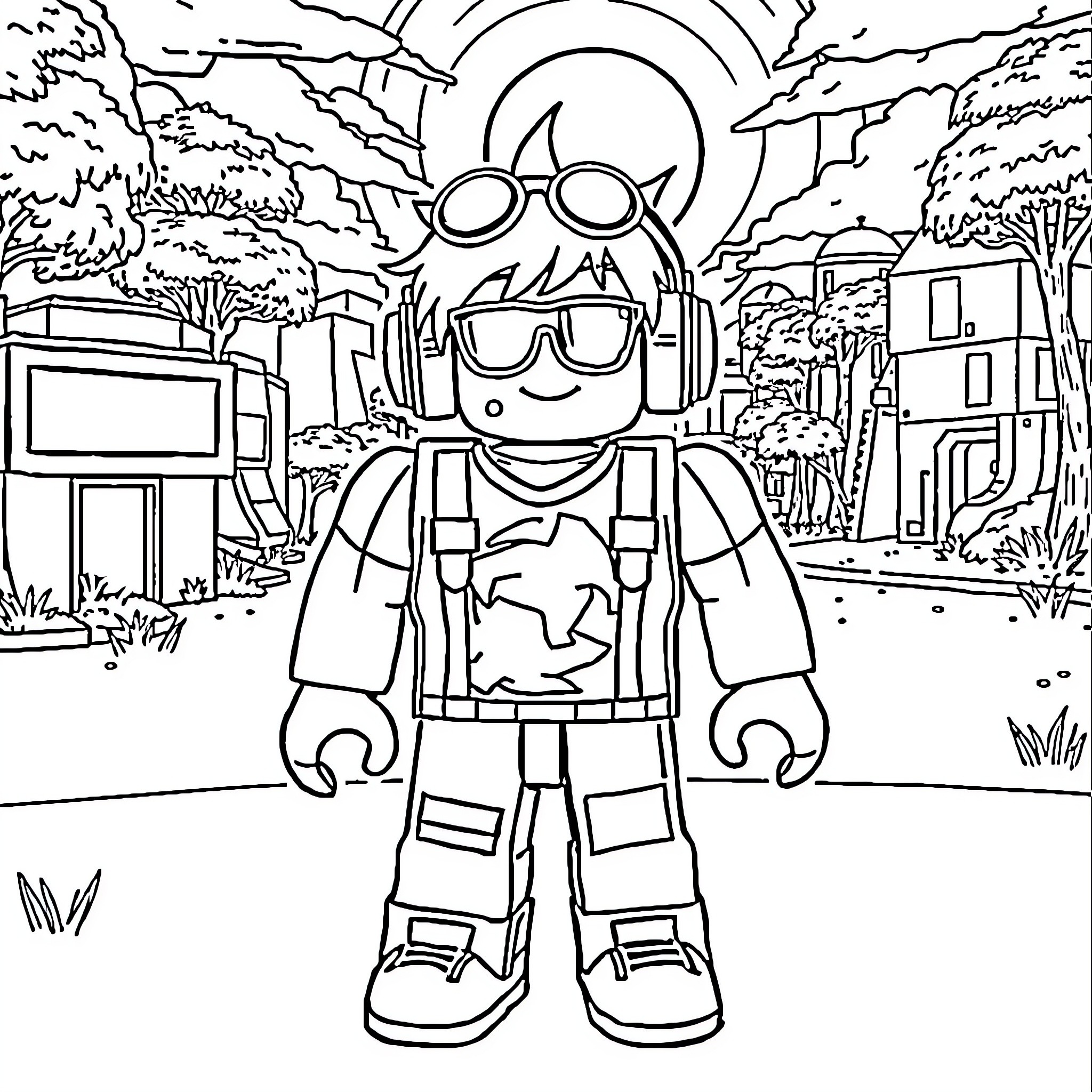 Roblox Character in Adventure Gear Coloring Page (free black-and-white line drawing printable PDF for all, from beginners to advanced learners, including children, teens, adults, and seniors)