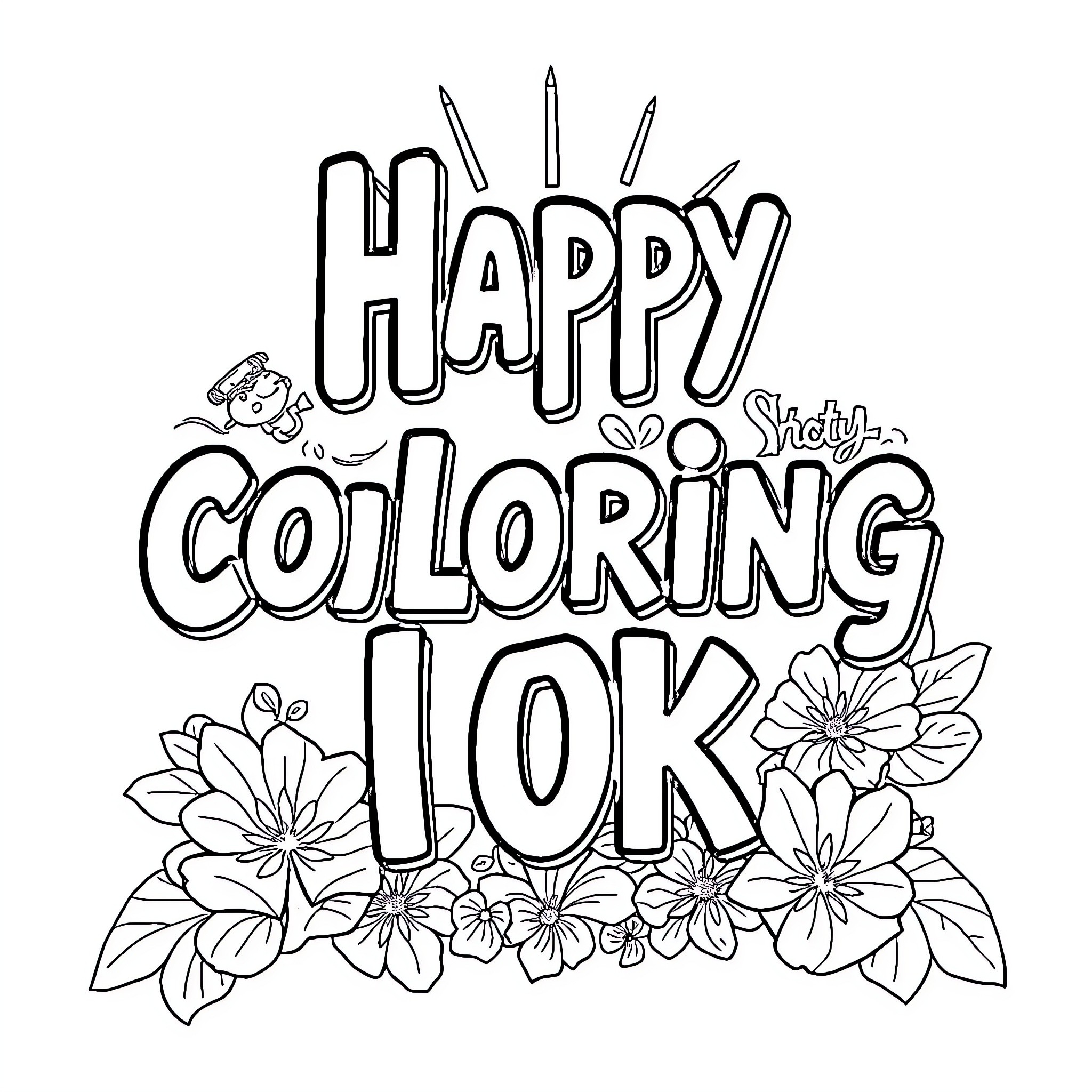 Cheerful coloring activity with flowers and words Coloring Page (free black-and-white line drawing printable PDF for all, from beginners to advanced learners, including children, teens, adults, and seniors)