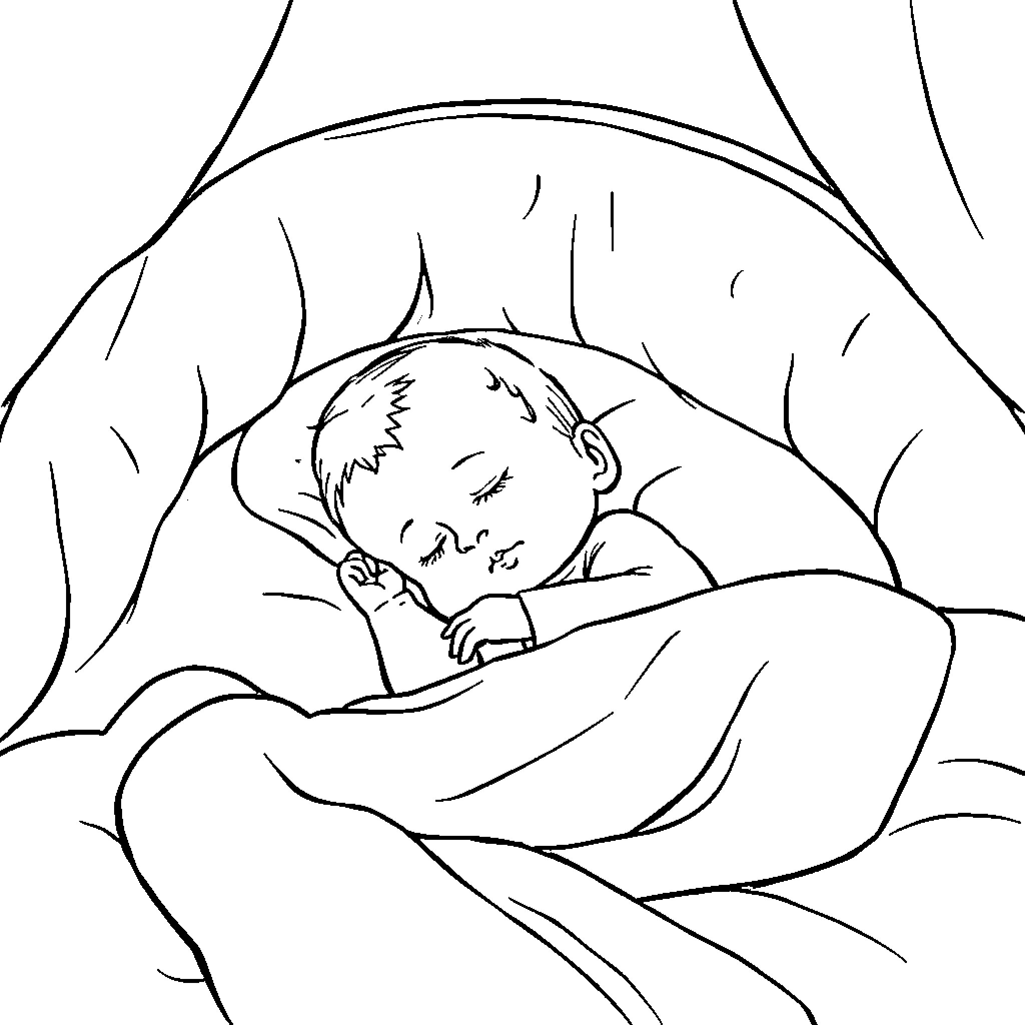 Baby peacefully sleeping in cozy bed Coloring Page (free black-and-white line drawing printable PDF for all, from beginners to advanced learners, including children, teens, adults, and seniors)