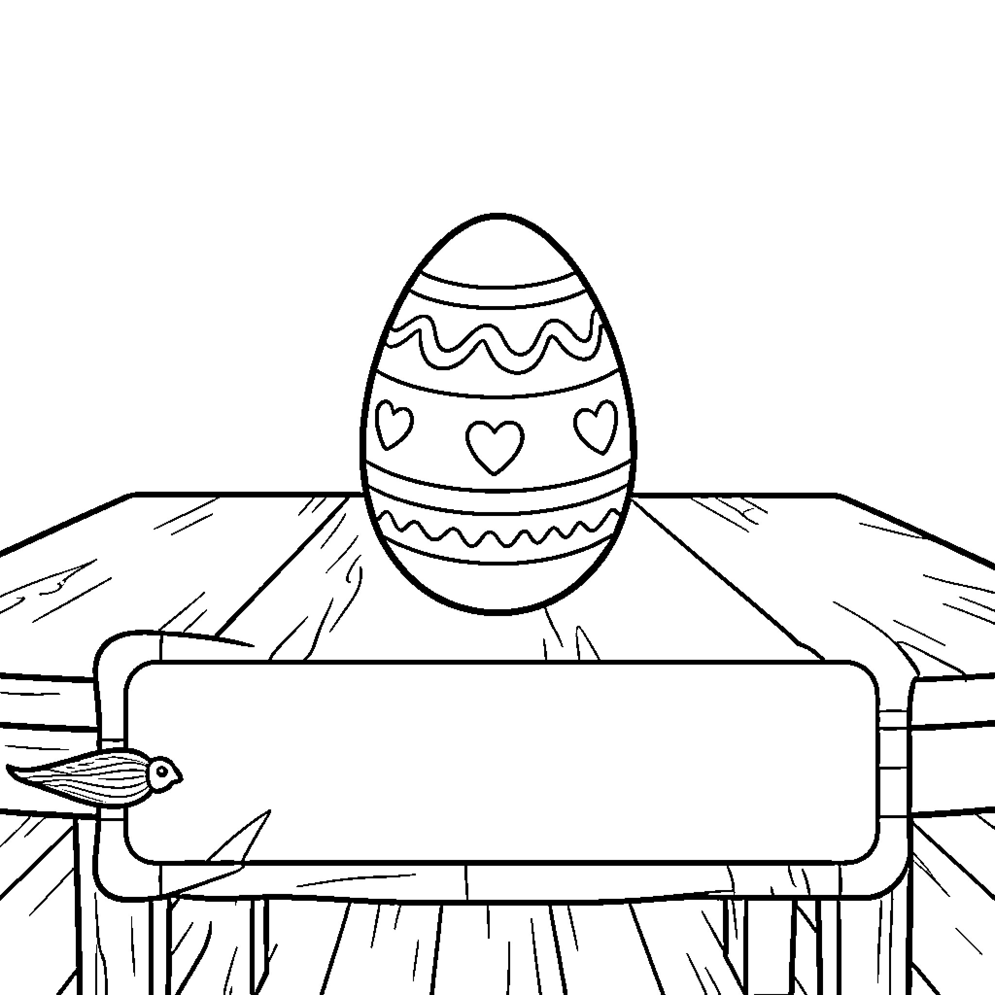 Oeuf decorated egg placed on wooden table Coloring Page (free black-and-white line drawing printable PDF for all, from beginners to advanced learners, including children, teens, adults, and seniors)