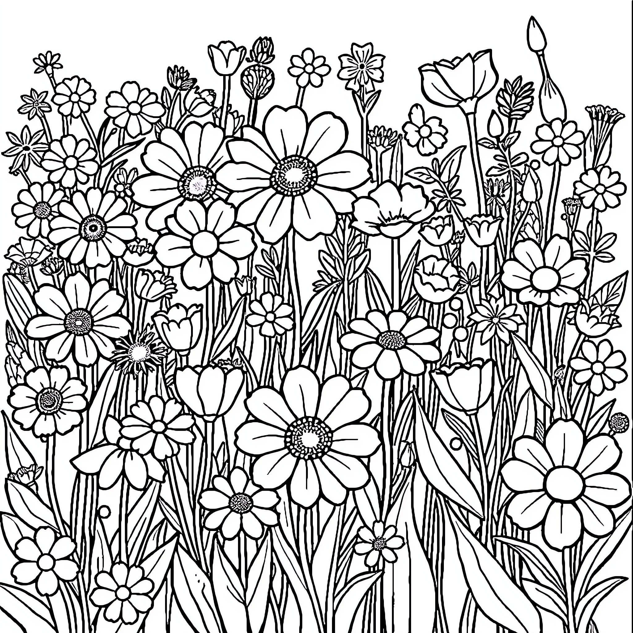 Flower Field Filled with Vibrant Blooms Coloring Page (free black-and-white line drawing printable PDF for all, from beginners to advanced learners, including children, teens, adults, and seniors)