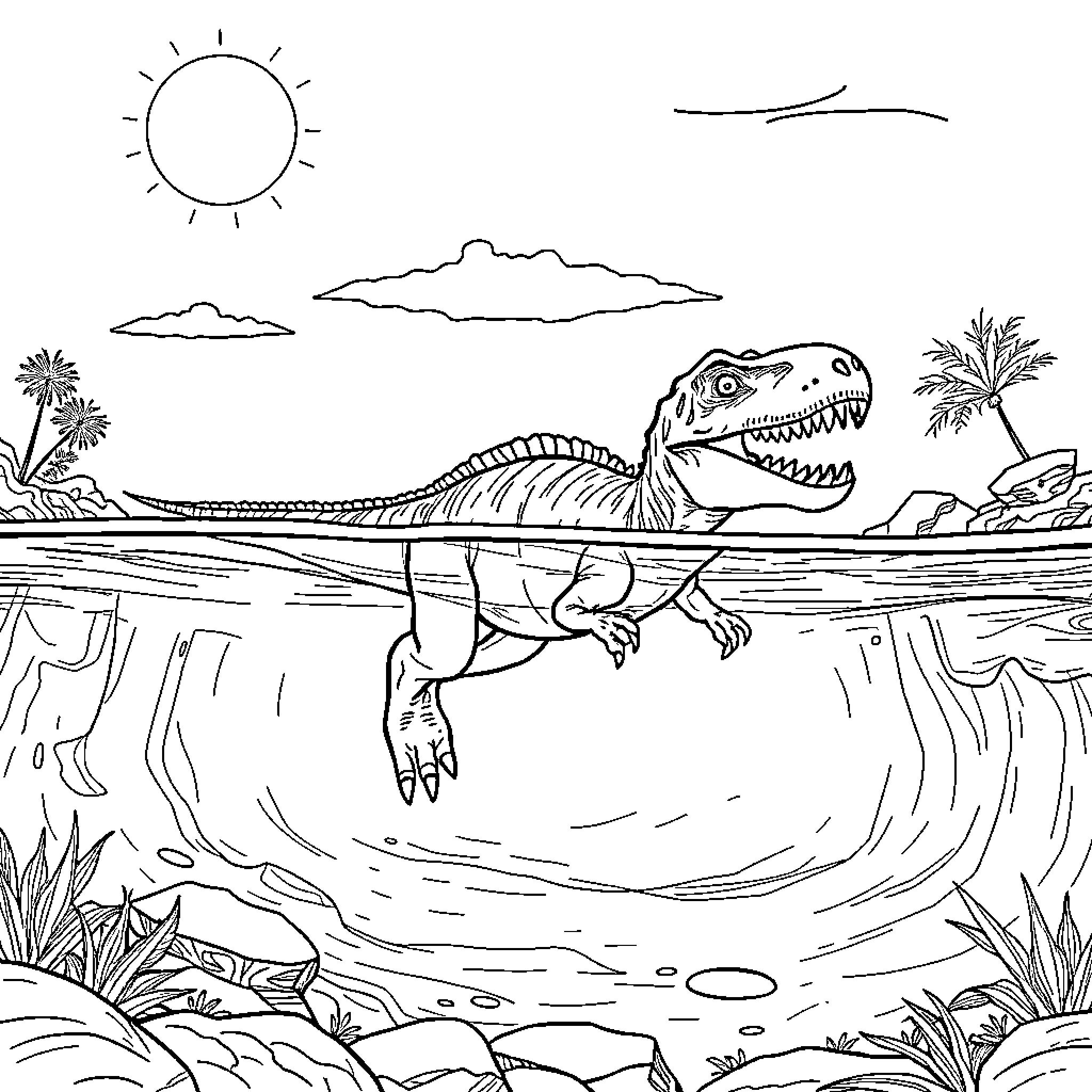 Indominus Rex stalking through prehistoric landscape Coloring Page (free black-and-white line drawing printable PDF for all, from beginners to advanced learners, including children, teens, adults, and seniors)