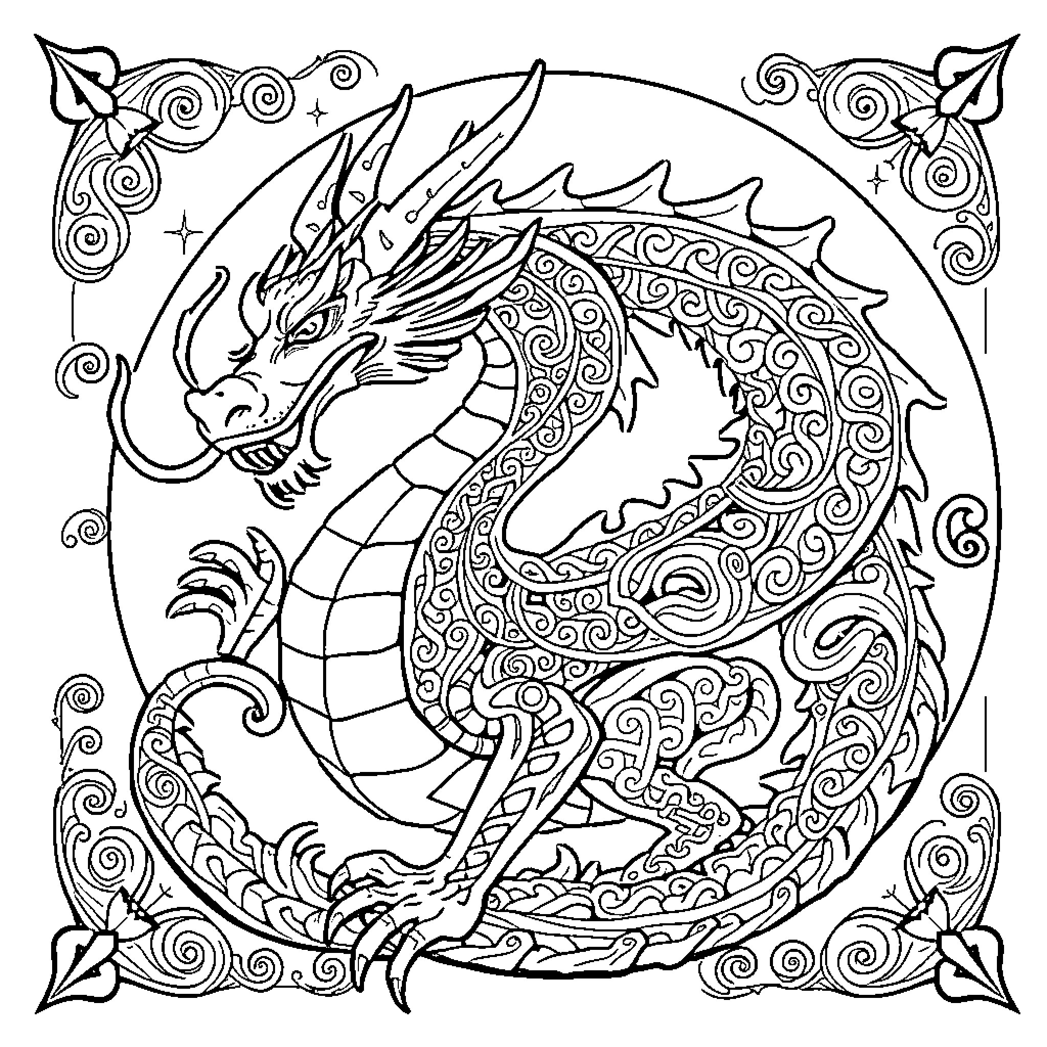Dragon Adorned in Intricate Patterns and Shapes Coloring Page (free black-and-white line drawing printable PDF for all, from beginners to advanced learners, including children, teens, adults, and seniors)
