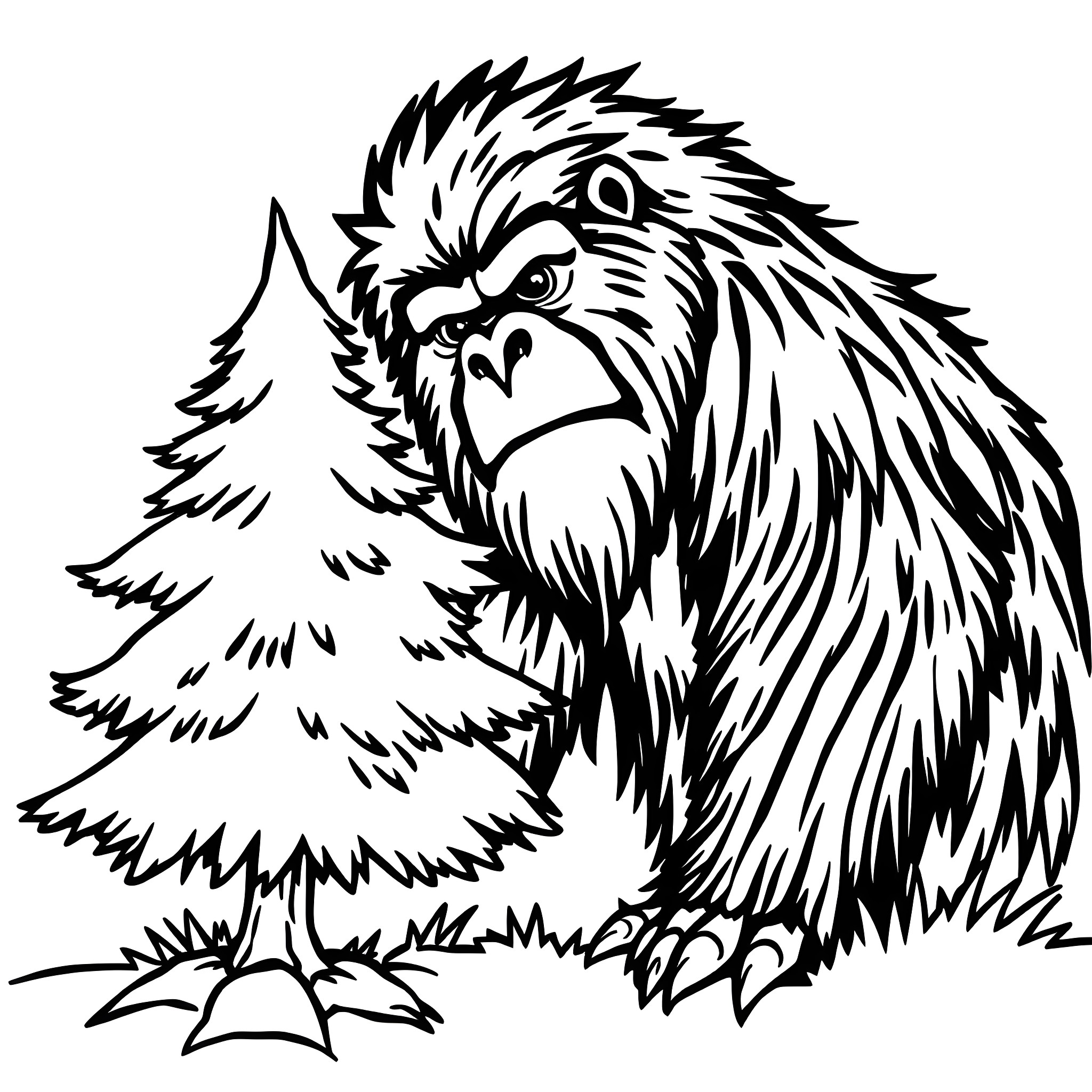 Sasquatch crouching in the forest Coloring Page (free black-and-white line drawing printable PDF for all, from beginners to advanced learners, including children, teens, adults, and seniors)