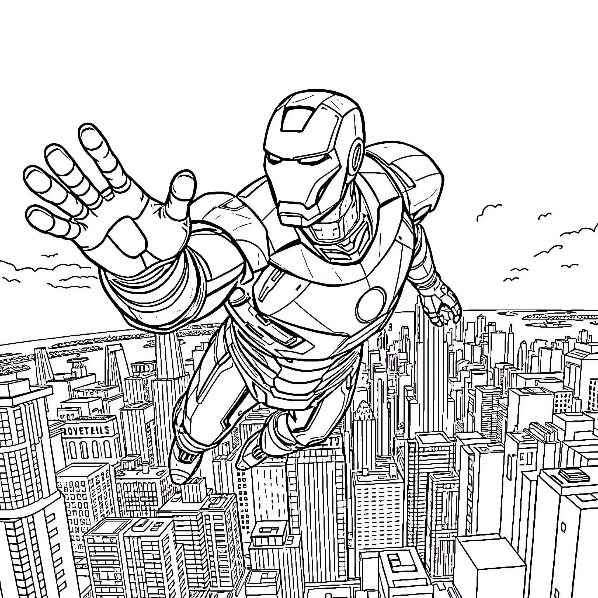 Ironman soaring over a cityscape Coloring Page (free black-and-white line drawing printable PDF for all, from beginners to advanced learners, including children, teens, adults, and seniors)