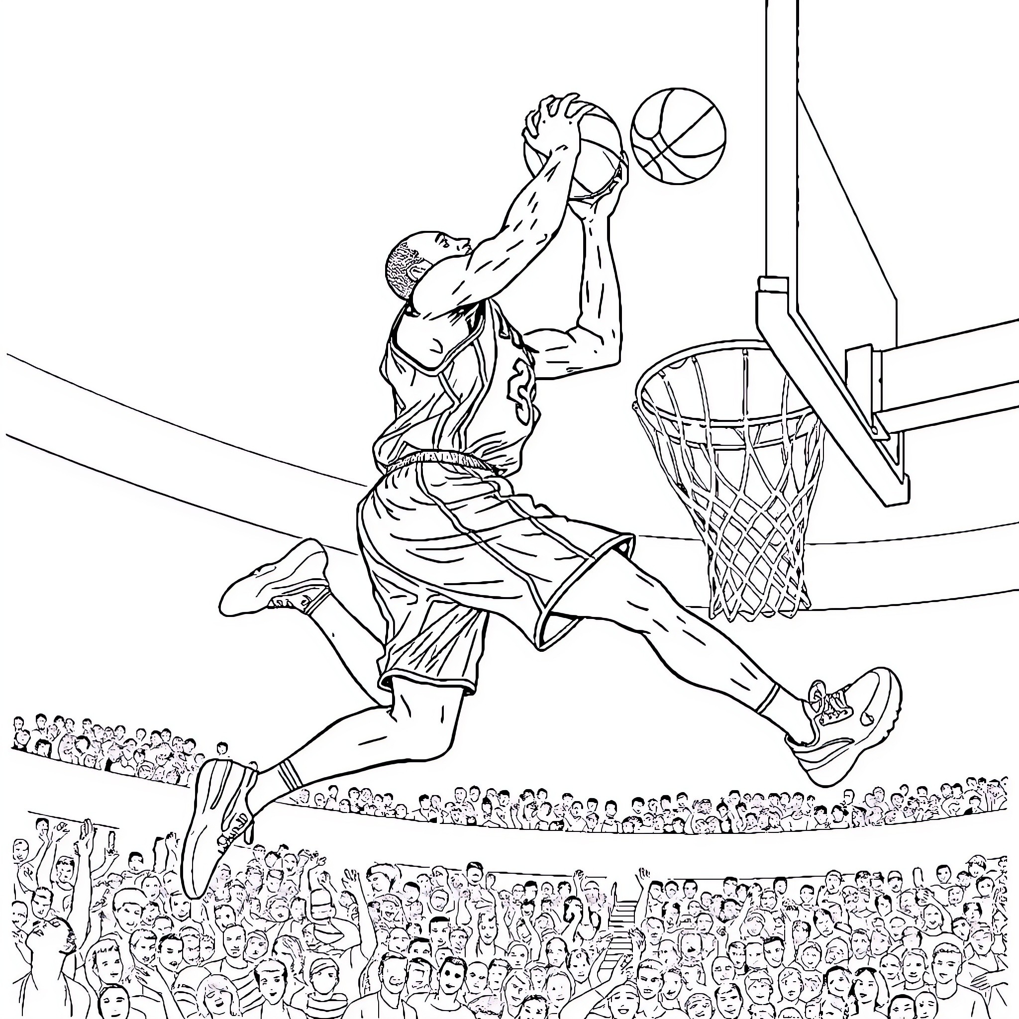 Kobe Bryant's Soaring Slam Dunk Amid Cheering Crowd Coloring Page (free black-and-white line drawing printable PDF for all, from beginners to advanced learners, including children, teens, adults, and seniors)