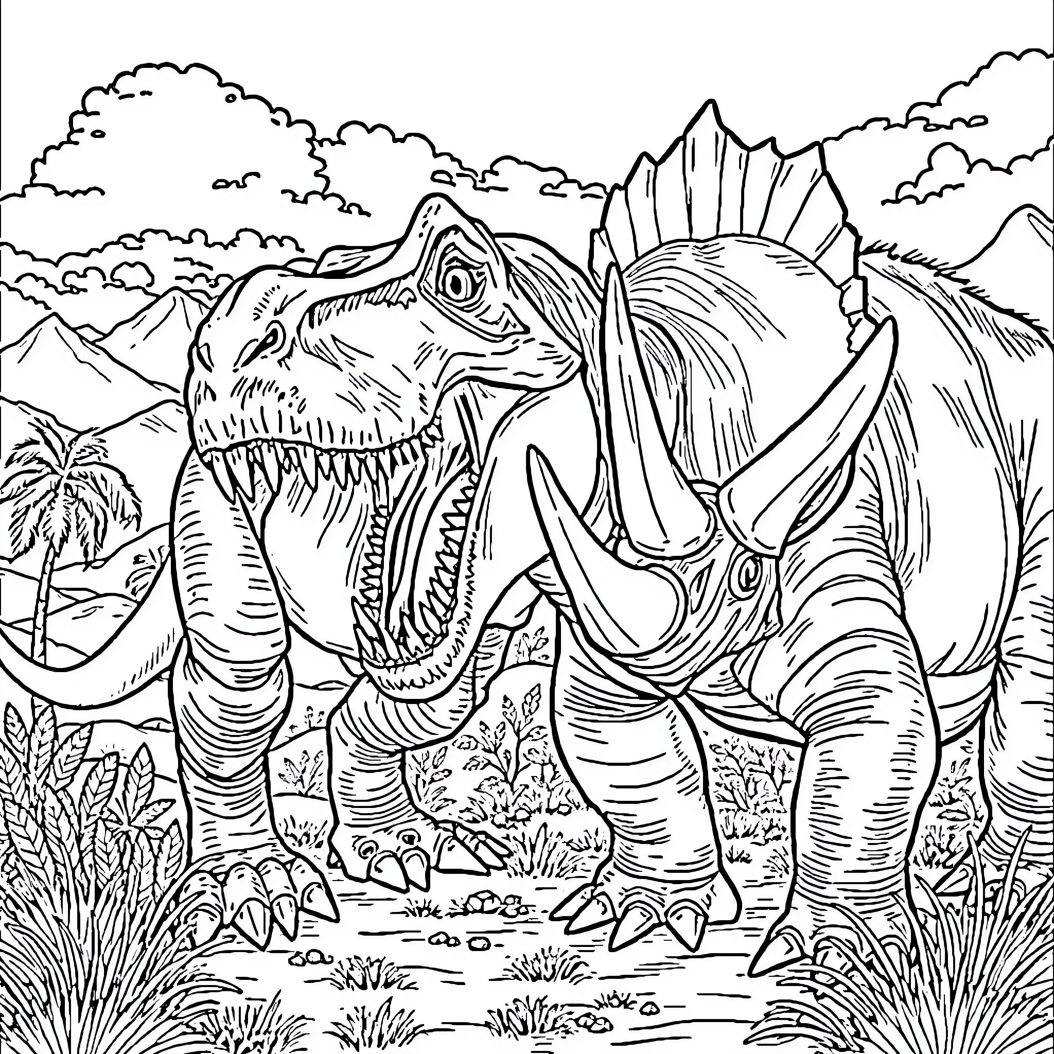 Dinosaur roaring in prehistoric landscape Coloring Page (free black-and-white line drawing printable PDF for all, from beginners to advanced learners, including children, teens, adults, and seniors)