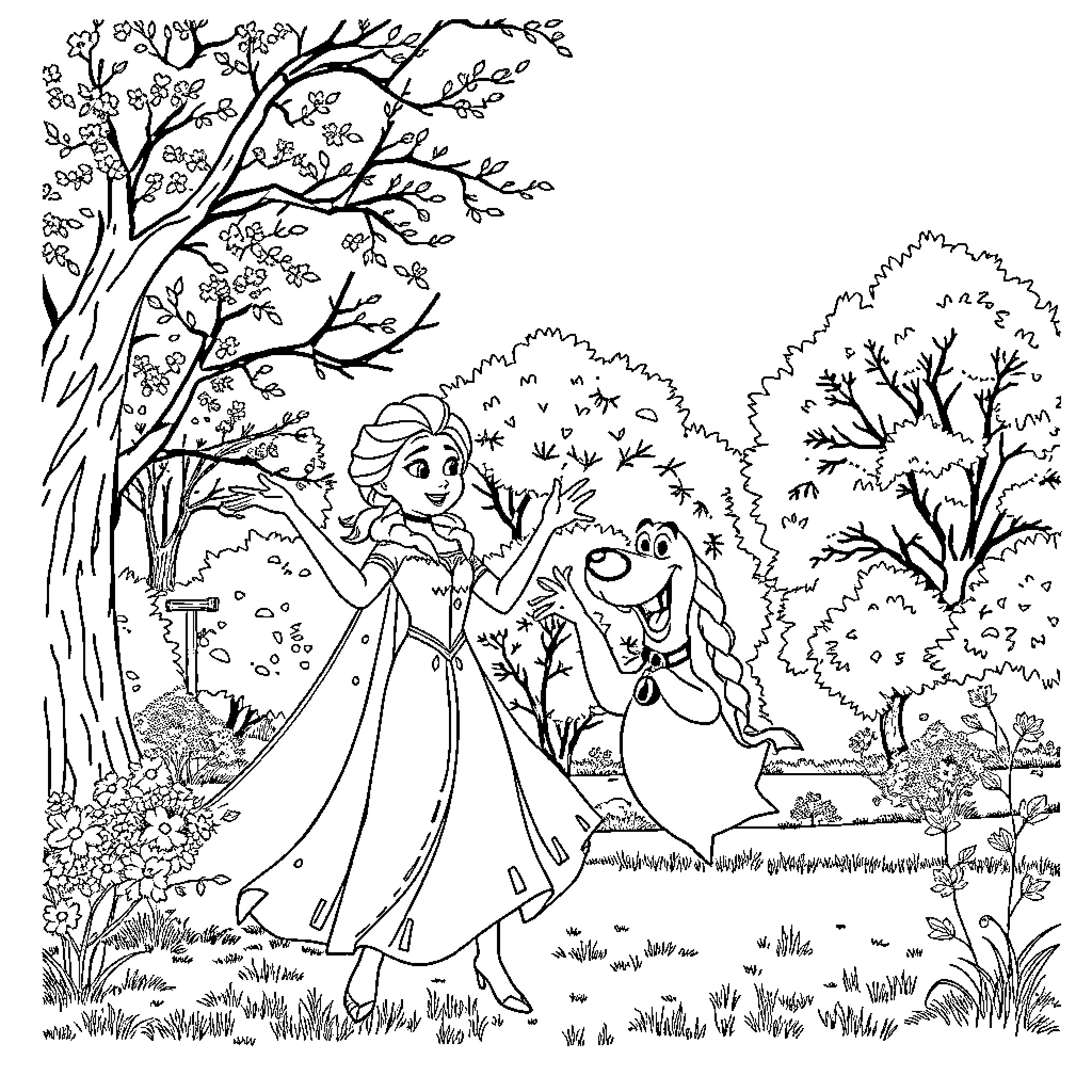 Elsa's Enchanted Forest Adventure Coloring Page (free black-and-white line drawing printable PDF for all, from beginners to advanced learners, including children, teens, adults, and seniors)