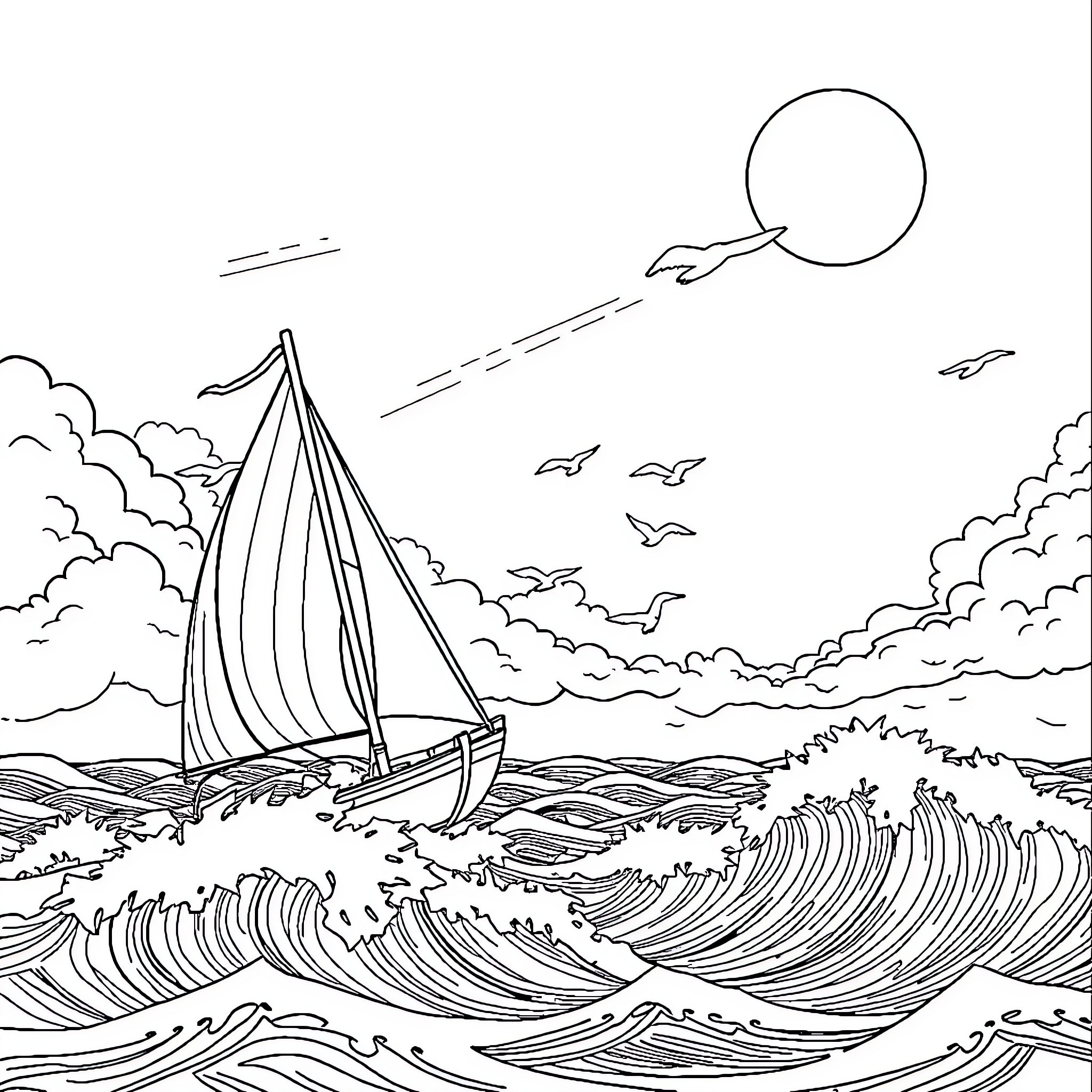 Bateau sailing through stormy seas at sunset Coloring Page (free black-and-white line drawing printable PDF for all, from beginners to advanced learners, including children, teens, adults, and seniors)
