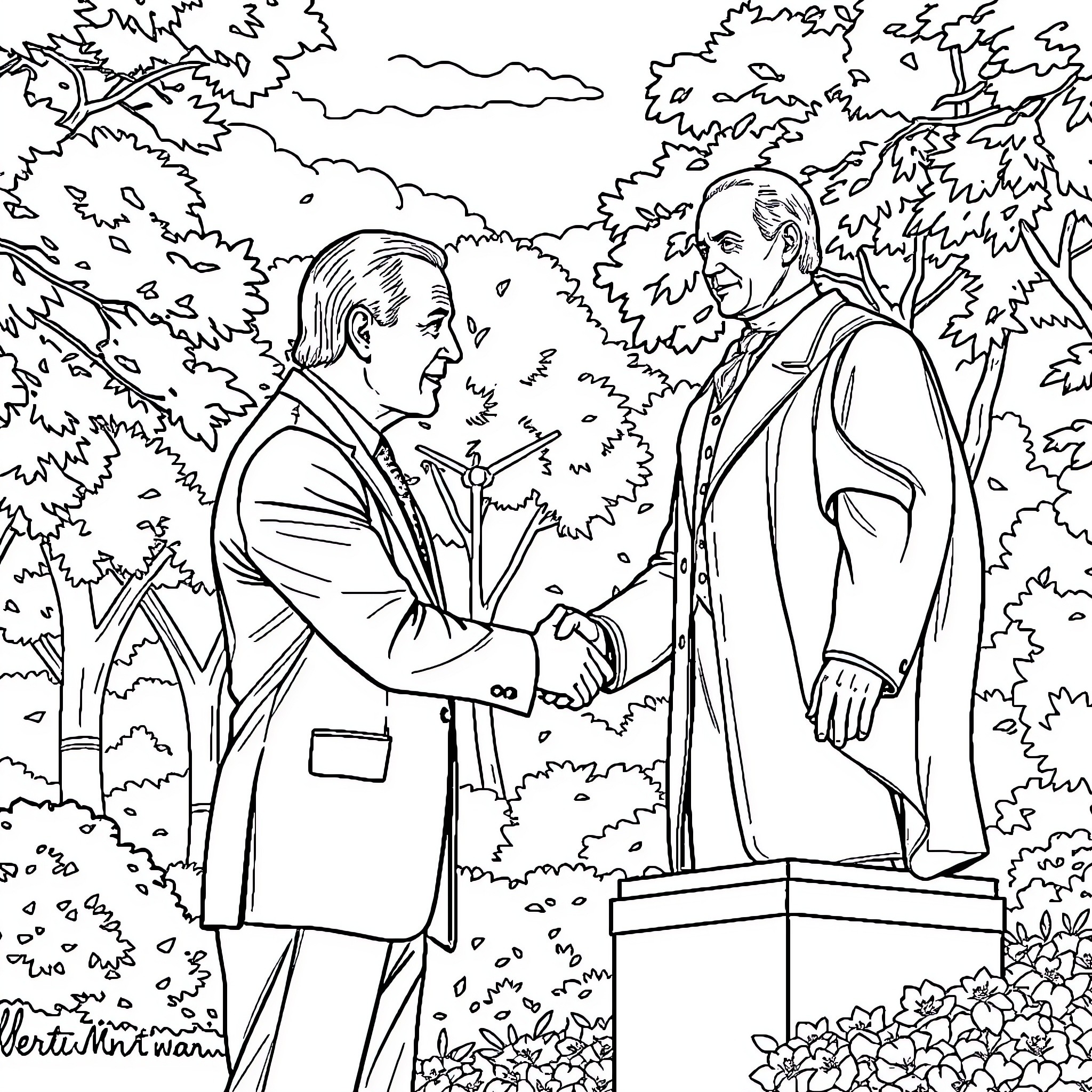 Biden and Elderly Gentleman Shaking Hands in Park Coloring Page (free black-and-white line drawing printable PDF for all, from beginners to advanced learners, including children, teens, adults, and seniors)