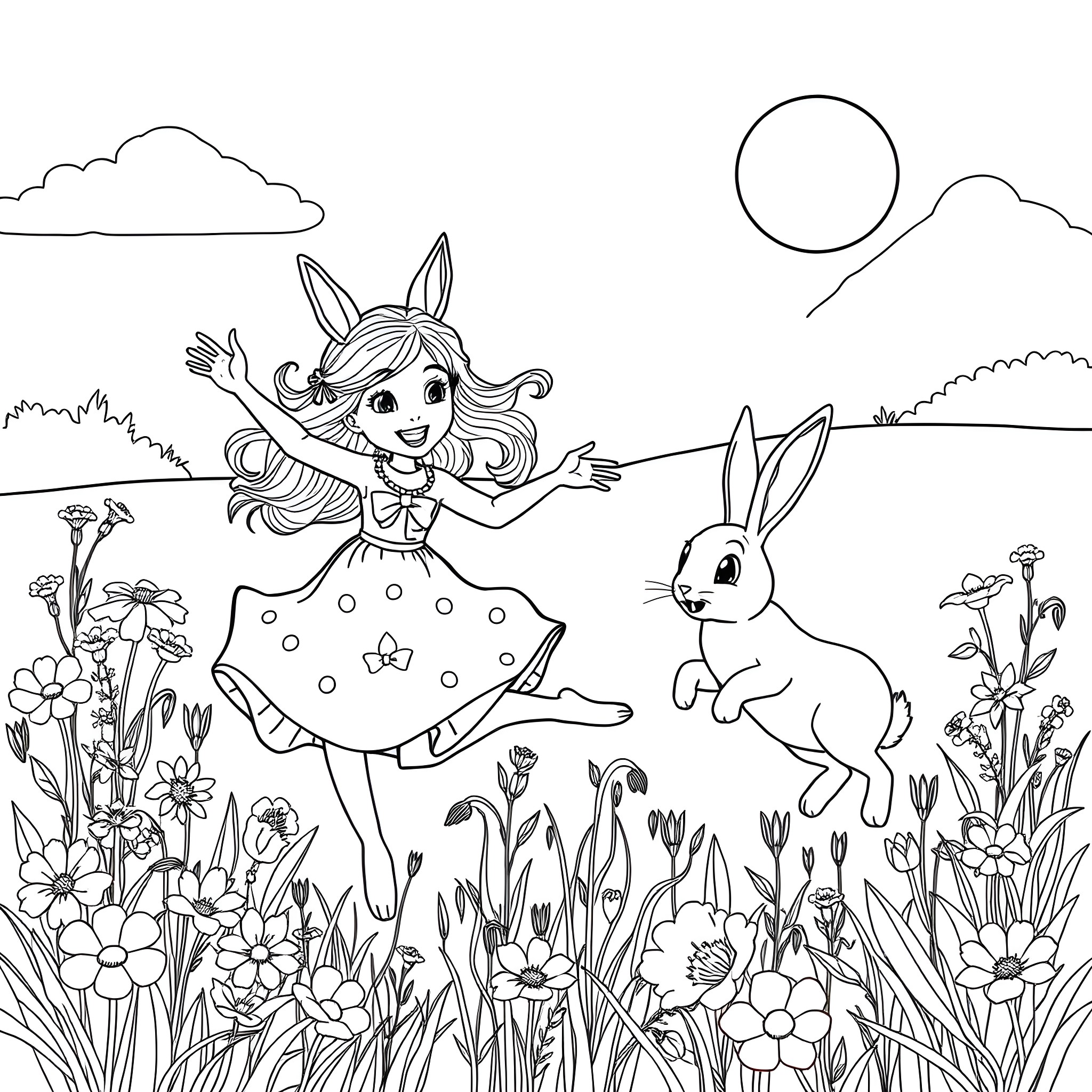 Flora dancing with a joyful bunny in a flower garden Coloring Page (free black-and-white line drawing printable PDF for all, from beginners to advanced learners, including children, teens, adults, and seniors)