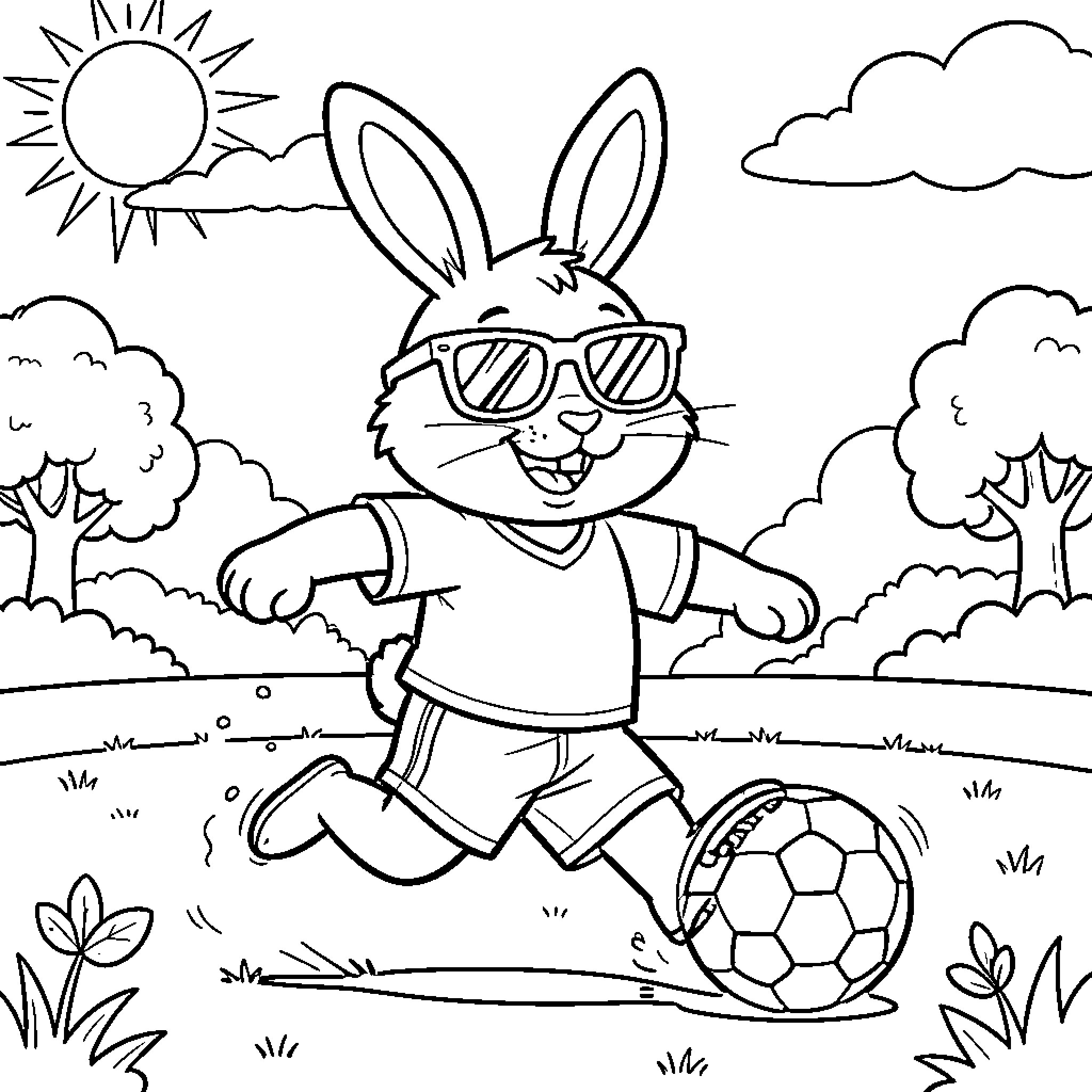 Bunny playing with soccer ball in the park Coloring Page (free black-and-white line drawing printable PDF for all, from beginners to advanced learners, including children, teens, adults, and seniors)