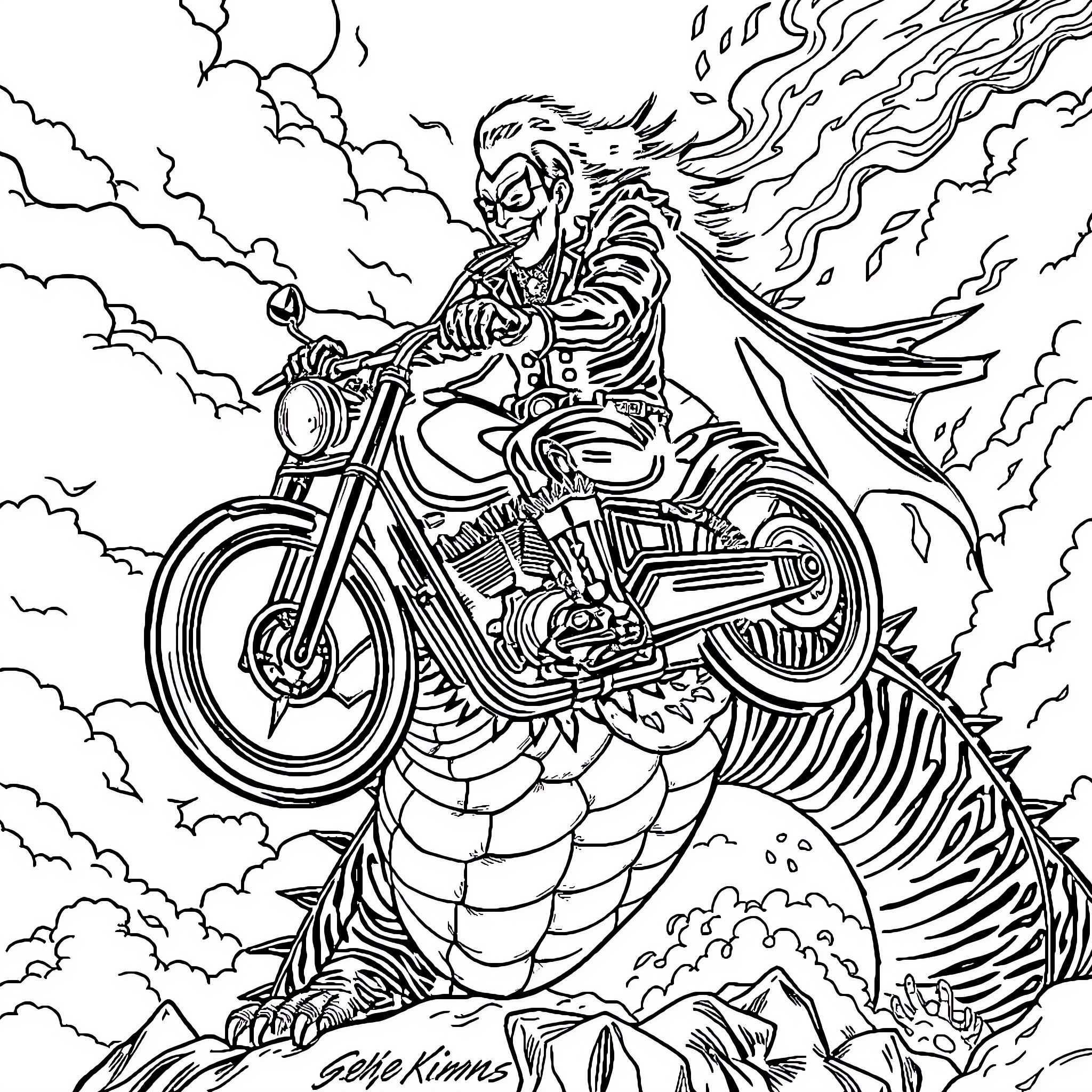 Gene Simmons riding a fierce dragon motorcycle Coloring Page (free black-and-white line drawing printable PDF for all, from beginners to advanced learners, including children, teens, adults, and seniors)