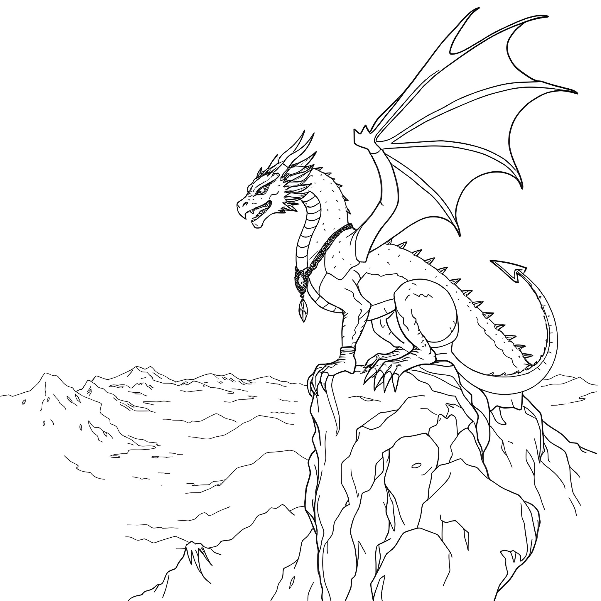 Dragon Soaring Majestically Over Mountainous Landscape Coloring Page (free black-and-white line drawing printable PDF for all, from beginners to advanced learners, including children, teens, adults, and seniors)