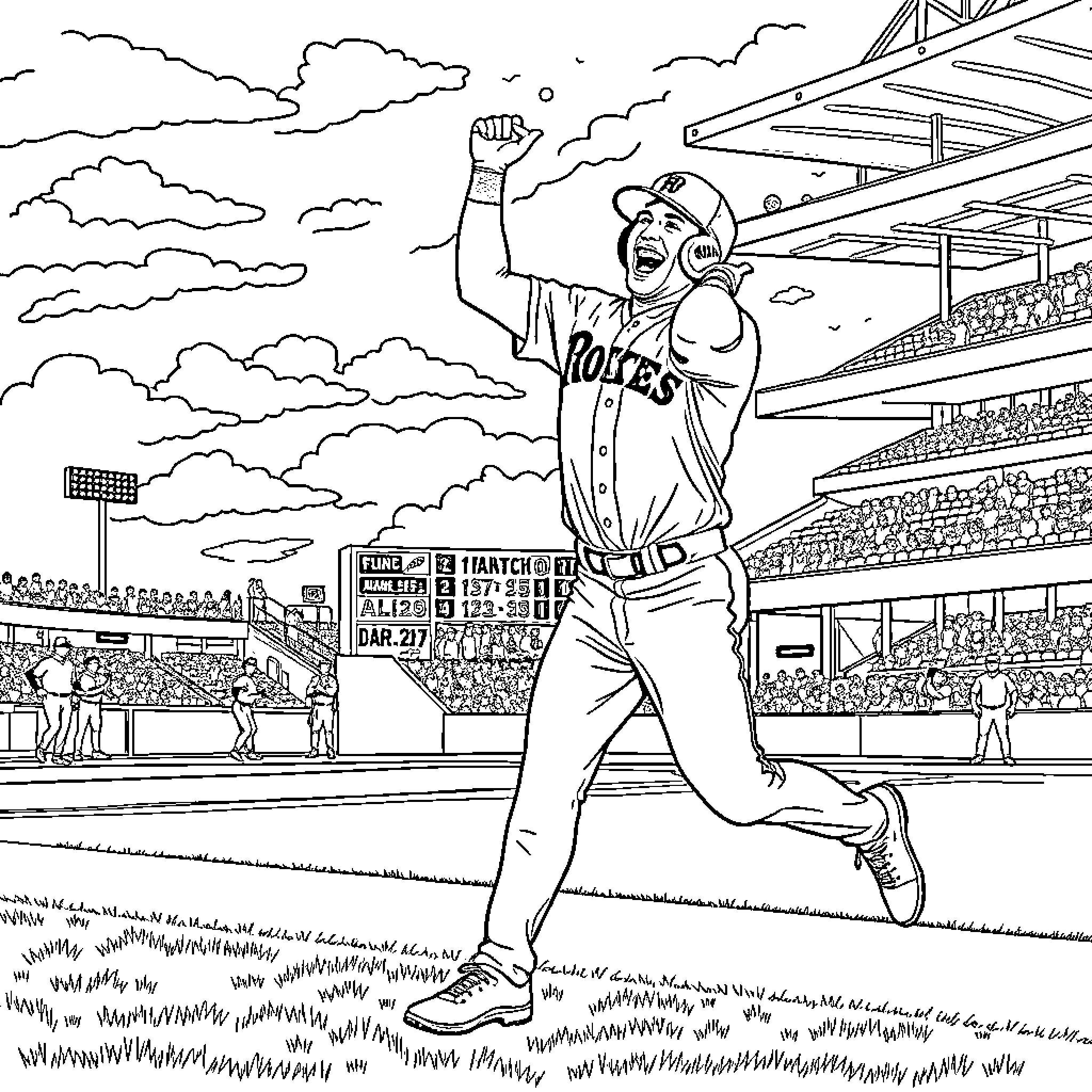Mookie Betts celebrating victory on the baseball field Coloring Page (free black-and-white line drawing printable PDF for all, from beginners to advanced learners, including children, teens, adults, and seniors)