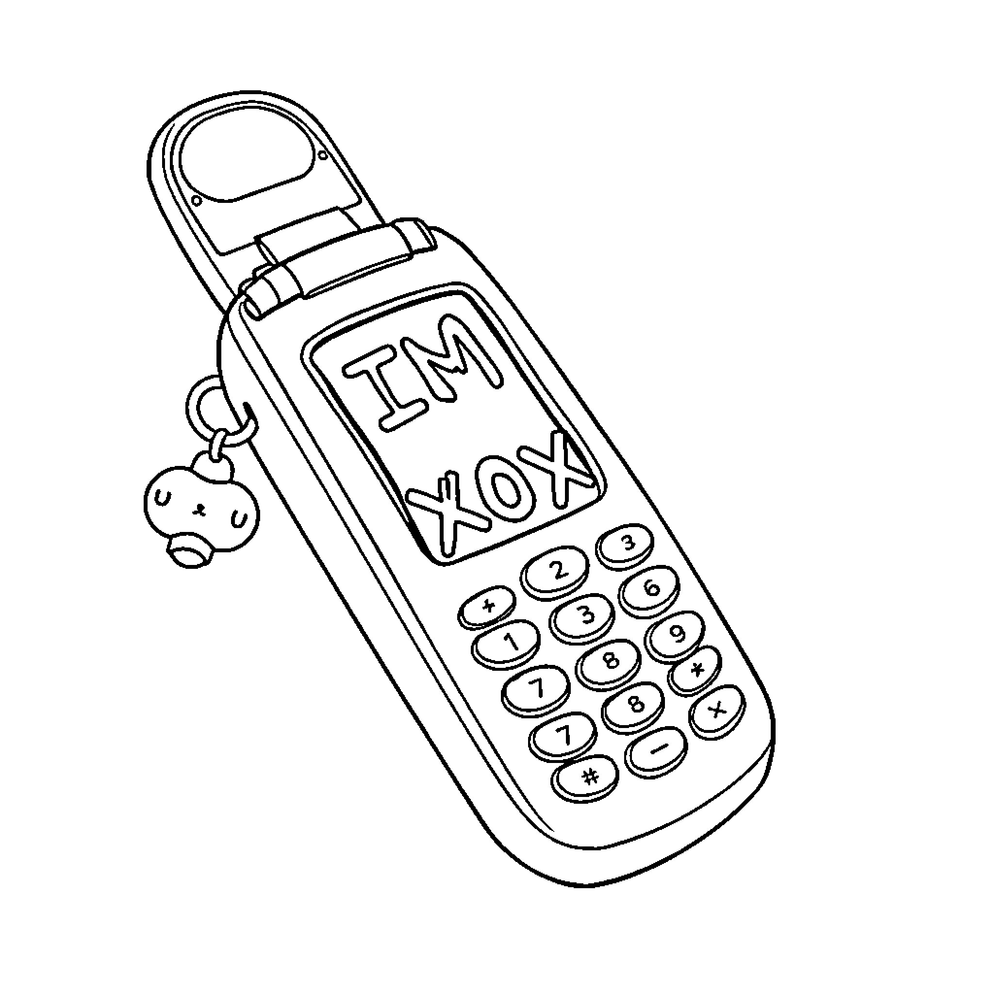 Flip Phone with Cute Charm Coloring Page (free black-and-white line drawing printable PDF for all, from beginners to advanced learners, including children, teens, adults, and seniors)
