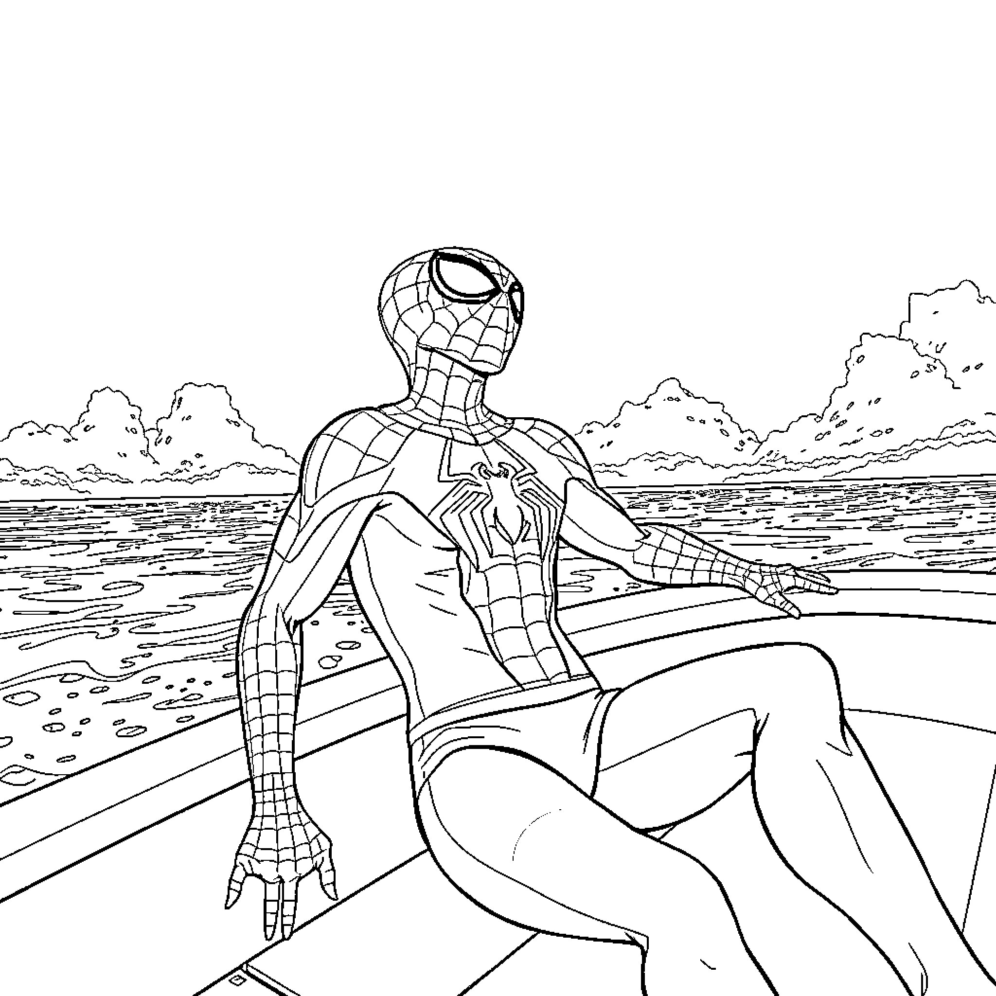 Spiderman sitting on the beach Coloring Page (free black-and-white line drawing printable PDF for all, from beginners to advanced learners, including children, teens, adults, and seniors)