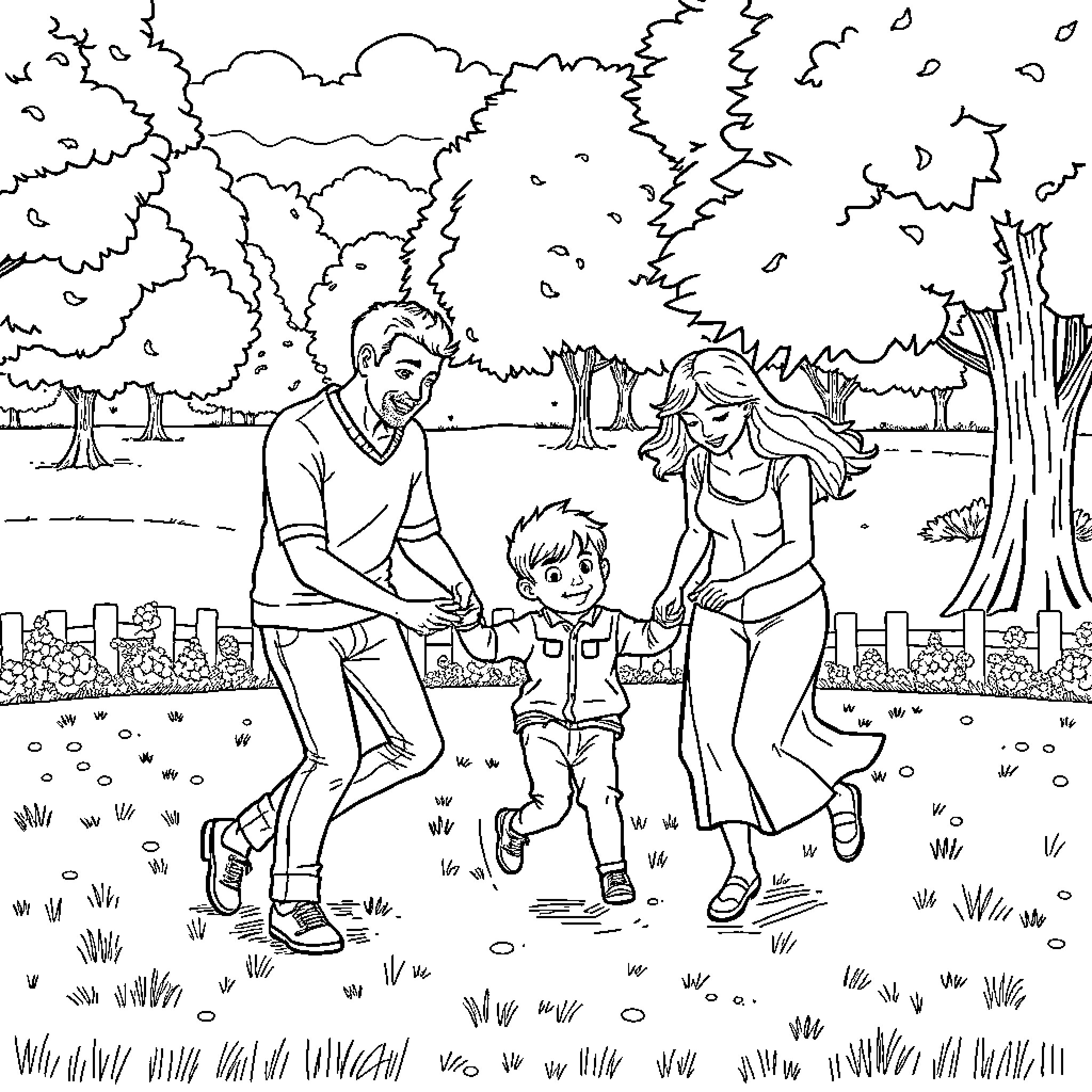 Family enjoying a sunny day in the park Coloring Page (free black-and-white line drawing printable PDF for all, from beginners to advanced learners, including children, teens, adults, and seniors)