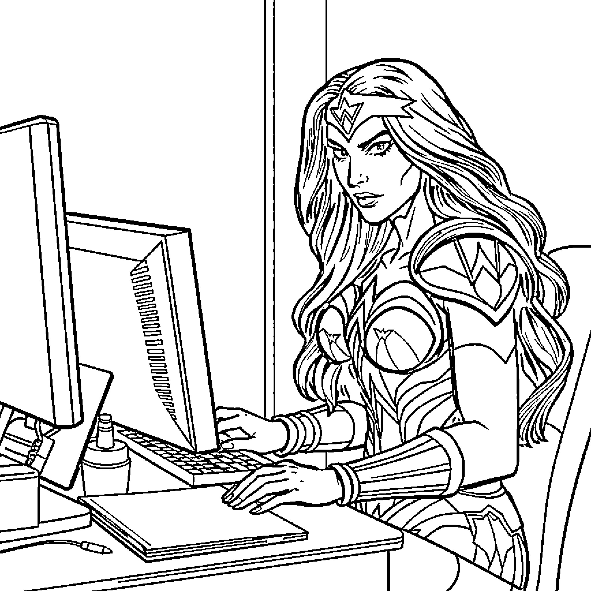 Wonder Woman working diligently at the computer Coloring Page (free black-and-white line drawing printable PDF for all, from beginners to advanced learners, including children, teens, adults, and seniors)
