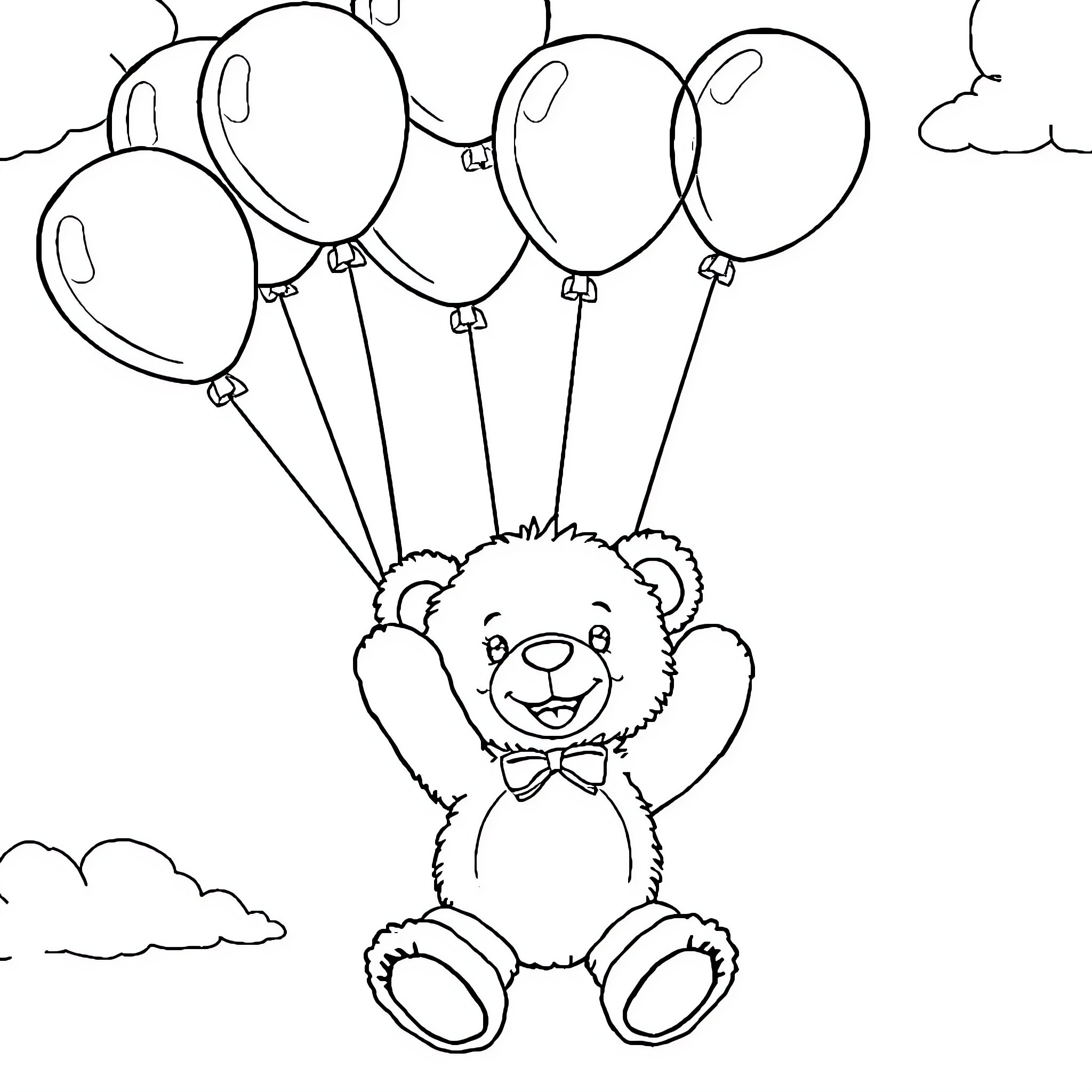 Teddy Bear floating with colorful balloons Coloring Page (free black-and-white line drawing printable PDF for all, from beginners to advanced learners, including children, teens, adults, and seniors)