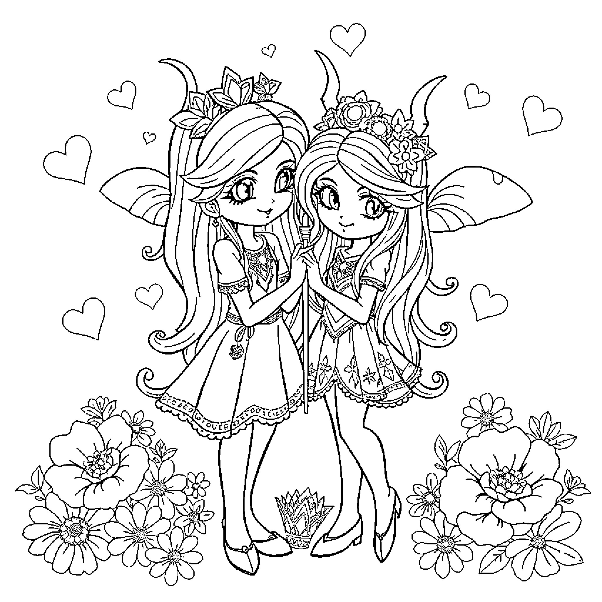 Hadas Fairy Friends Embrace with Floral Accents Coloring Page (free black-and-white line drawing printable PDF for all, from beginners to advanced learners, including children, teens, adults, and seniors)